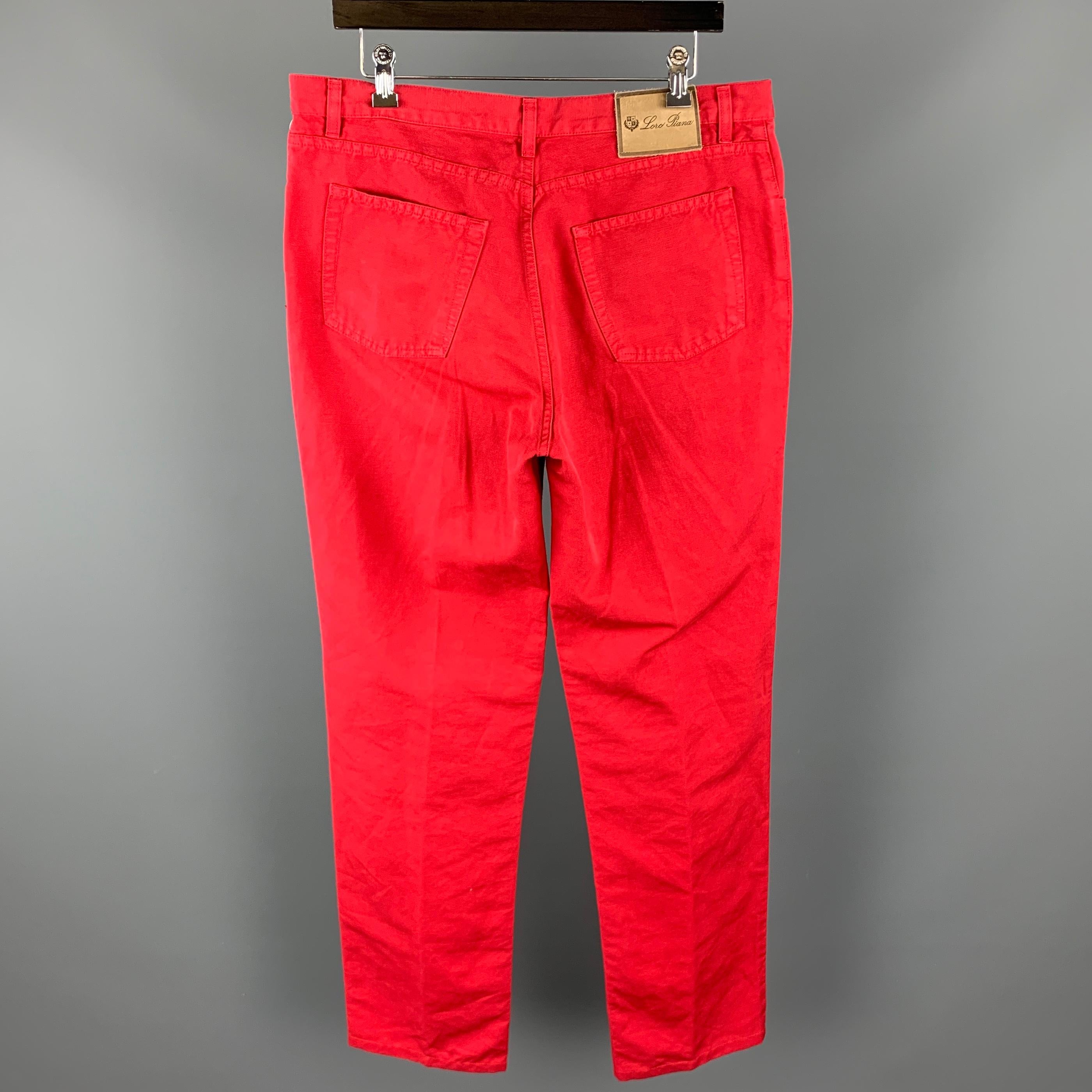 LORO PIANA Size 36 Red Solid Cotton / Flax Zip Fly Casual Pants In Good Condition In San Francisco, CA
