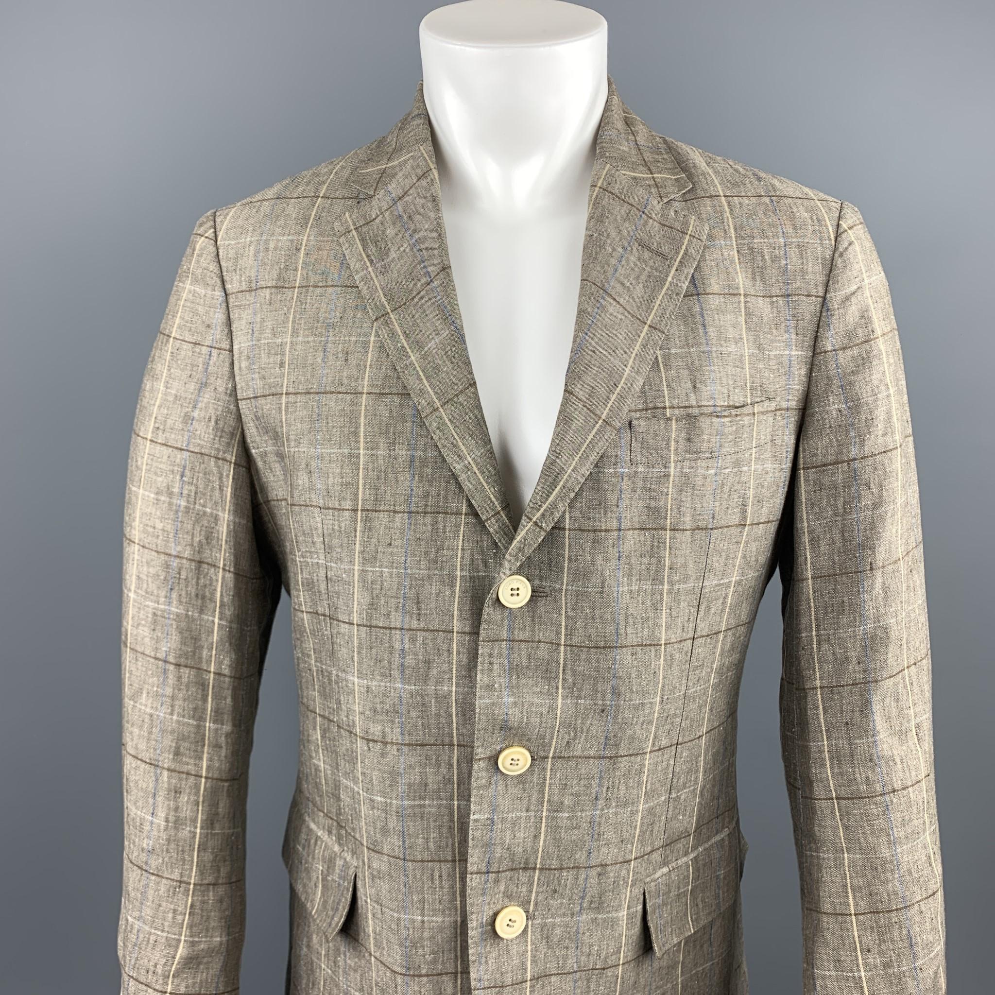 LORO PIANA sport coat comes in a taupe window pane linen featuring a notch lapel style, flap pockets, and a three button closure. Made in Italy.

Excellent Pre-Owned Condition.
Marked: No Size Marked

Measurements:

Shoulder: 17 in. 
Chest: 40 in.