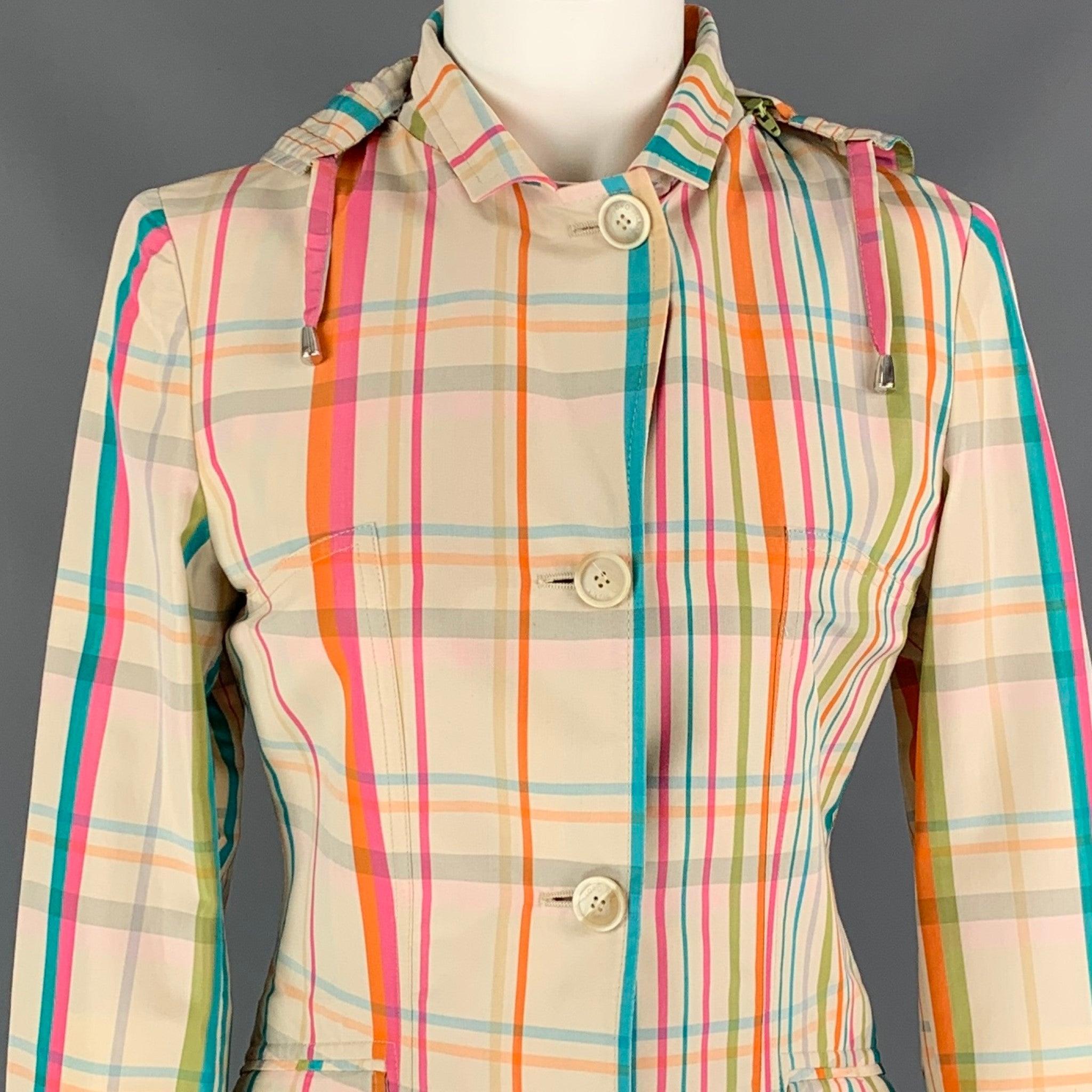 LORO PIANA jacket comes in a multi-color plaid cotton / silk featuring a detachable hood, drawstrings, stand up collar, flap pockets, back slit, and a buttoned closure. 
Made in Italy.New With Tags. 

Marked:   IT 40 

Measurements: 
 
Shoulder: