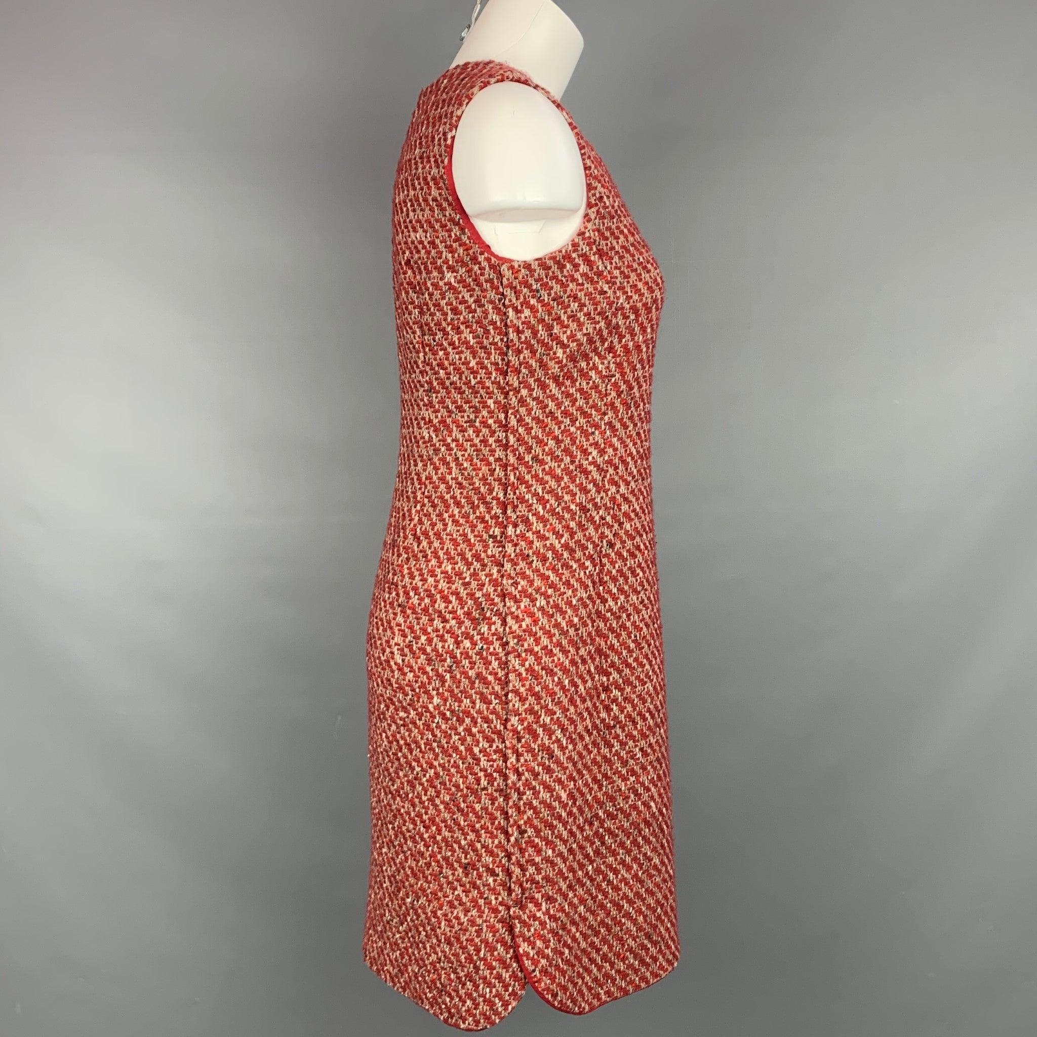 LORO PIANA dress comes in a red & taupe boucle textured cashmere blend with a full liner featuring a shift style, slit pockets, and a back zipper closure. Made in Italy.Very Good
Pre-Owned Condition. 

Marked:   42 

Measurements: 
  Bust: 34 inches