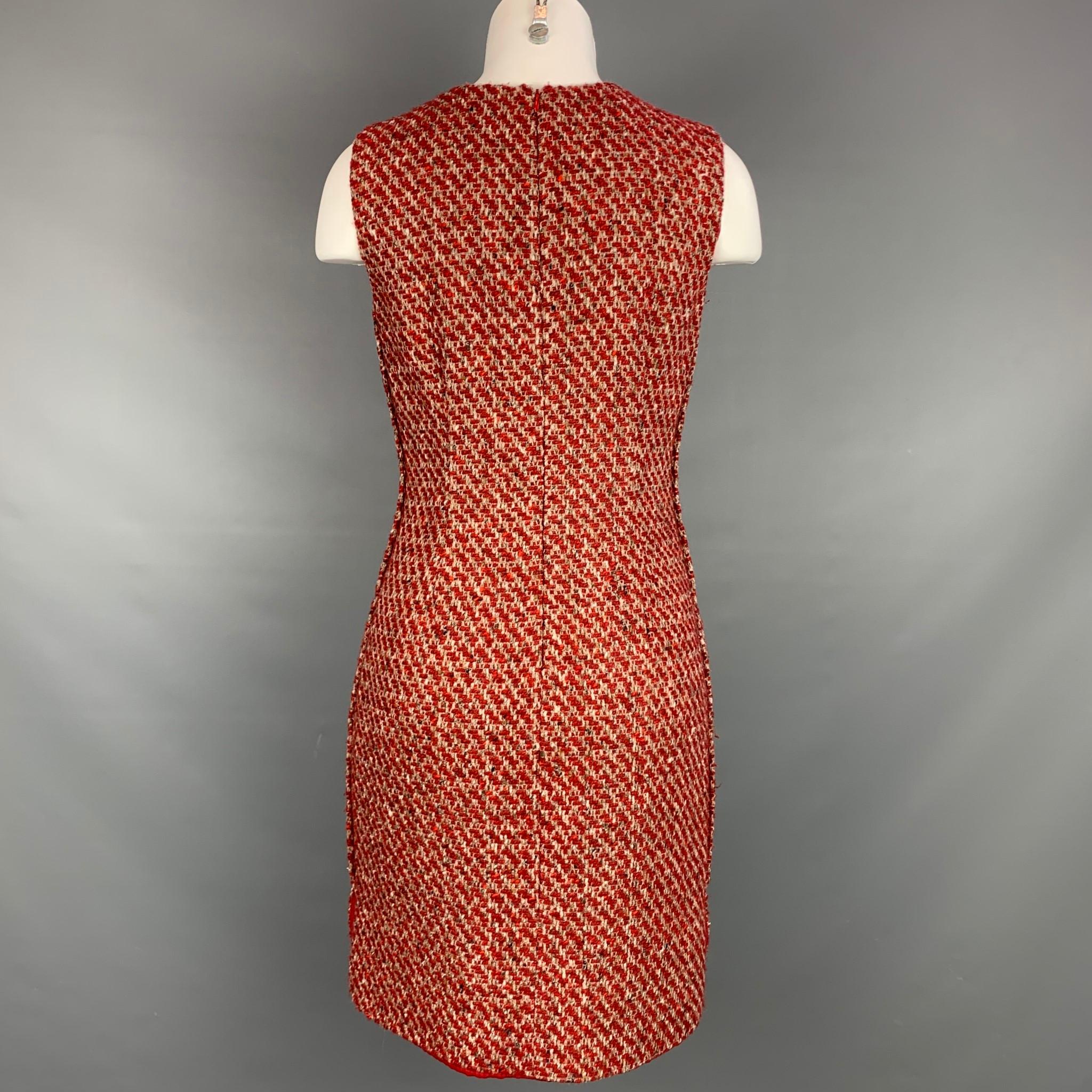 Brown LORO PIANA Size 6 Red & Taupe Textured Boucle Cashmere Blend Shift Dress