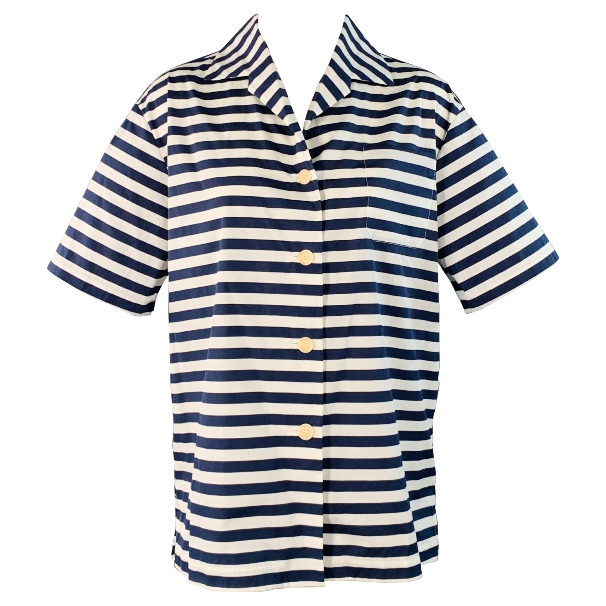 LORO PIANA Talla 6 Blanco Azul Marino Algodón Rayas Un Bolsillo Top Casual