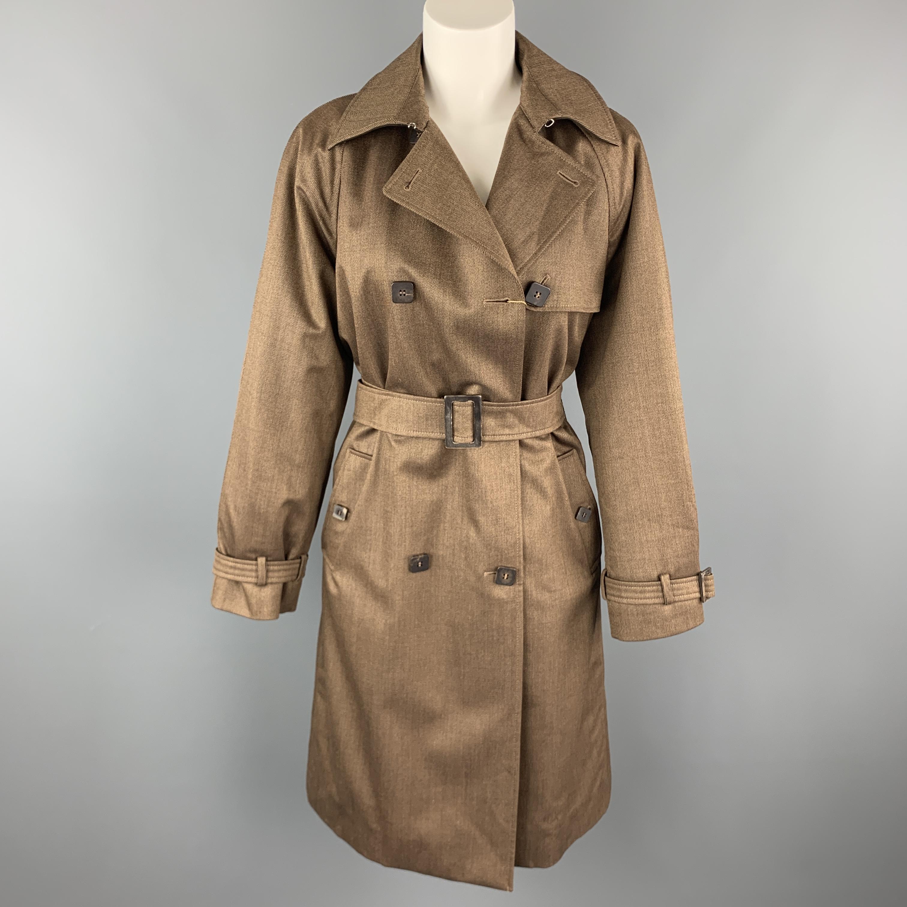 LORO PIANA trench coat comes in light brown wool blend twill with a suede lined pointed collar, double breasted front with square buttons, belted waist and cuffs, and detachable green satin liner. Made in Italy.

New with Tags.
Marked: IT