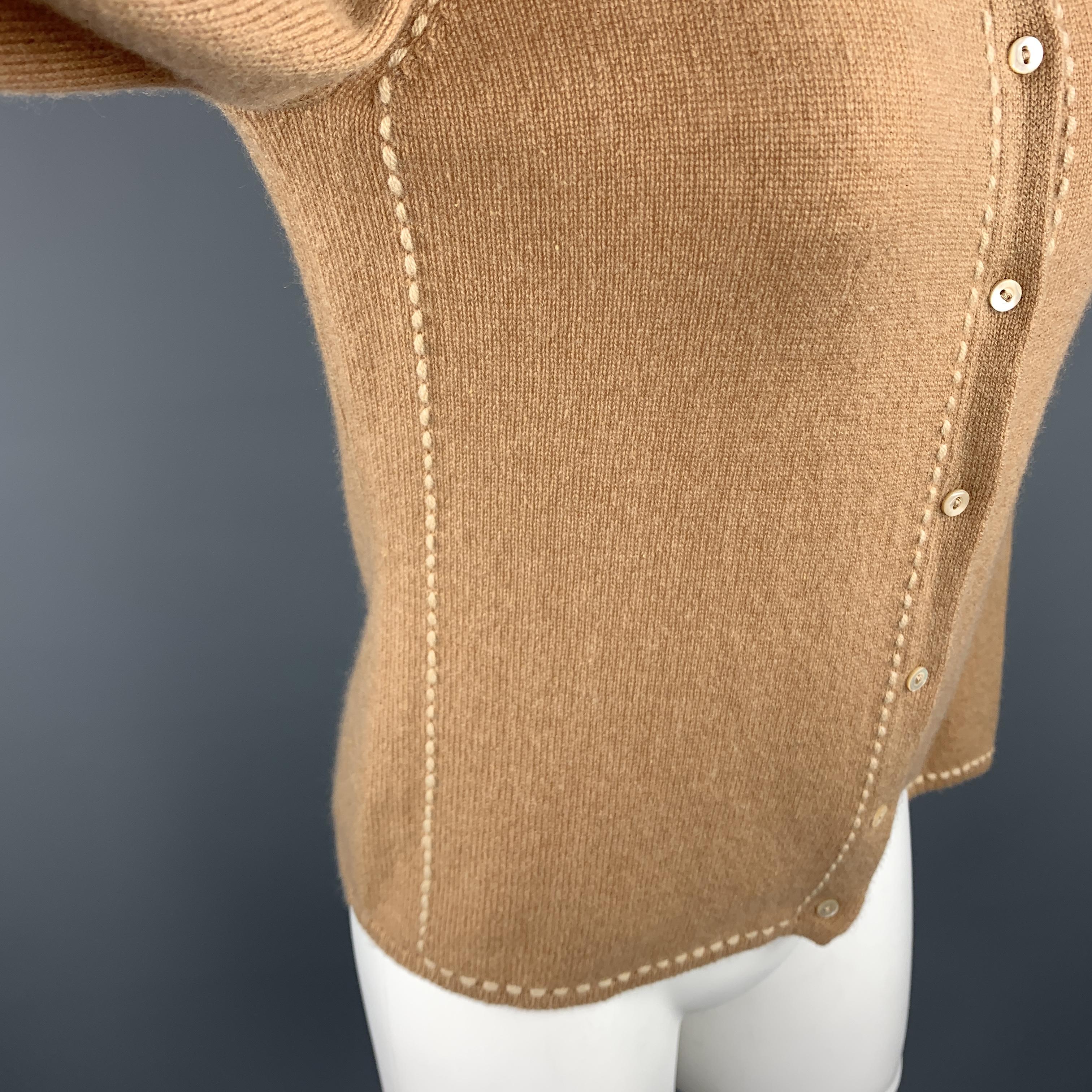 LORO PIANA Size 8 Tan Sontrast Stitch Cashmere Cardigan In Excellent Condition In San Francisco, CA