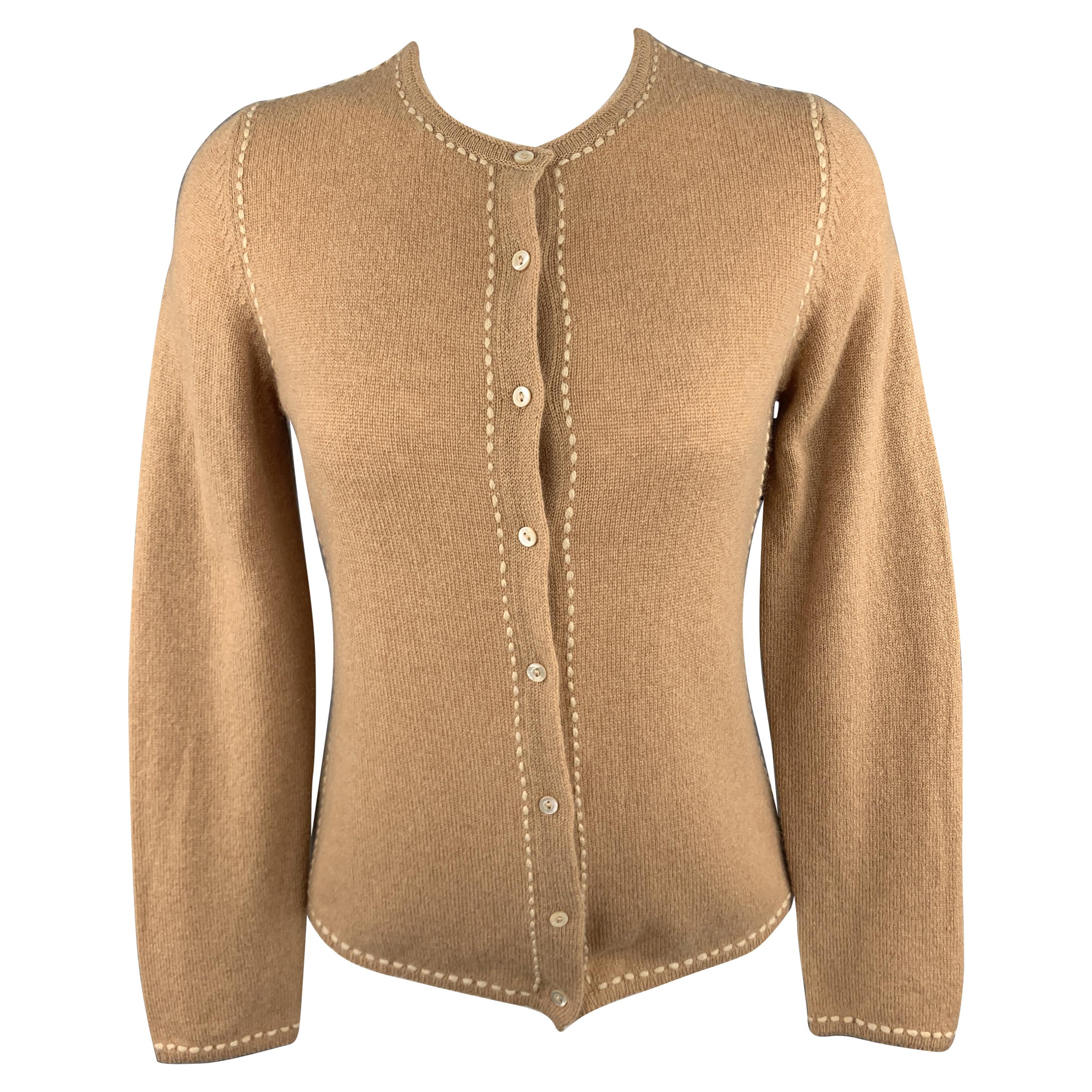 LORO PIANA Size 8 Tan Sontrast Stitch Cashmere Cardigan