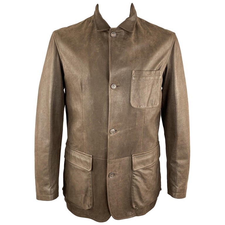 LORO PIANA Size L Brown Solid Cashmere Lining Buttoned Leather Jacket ...