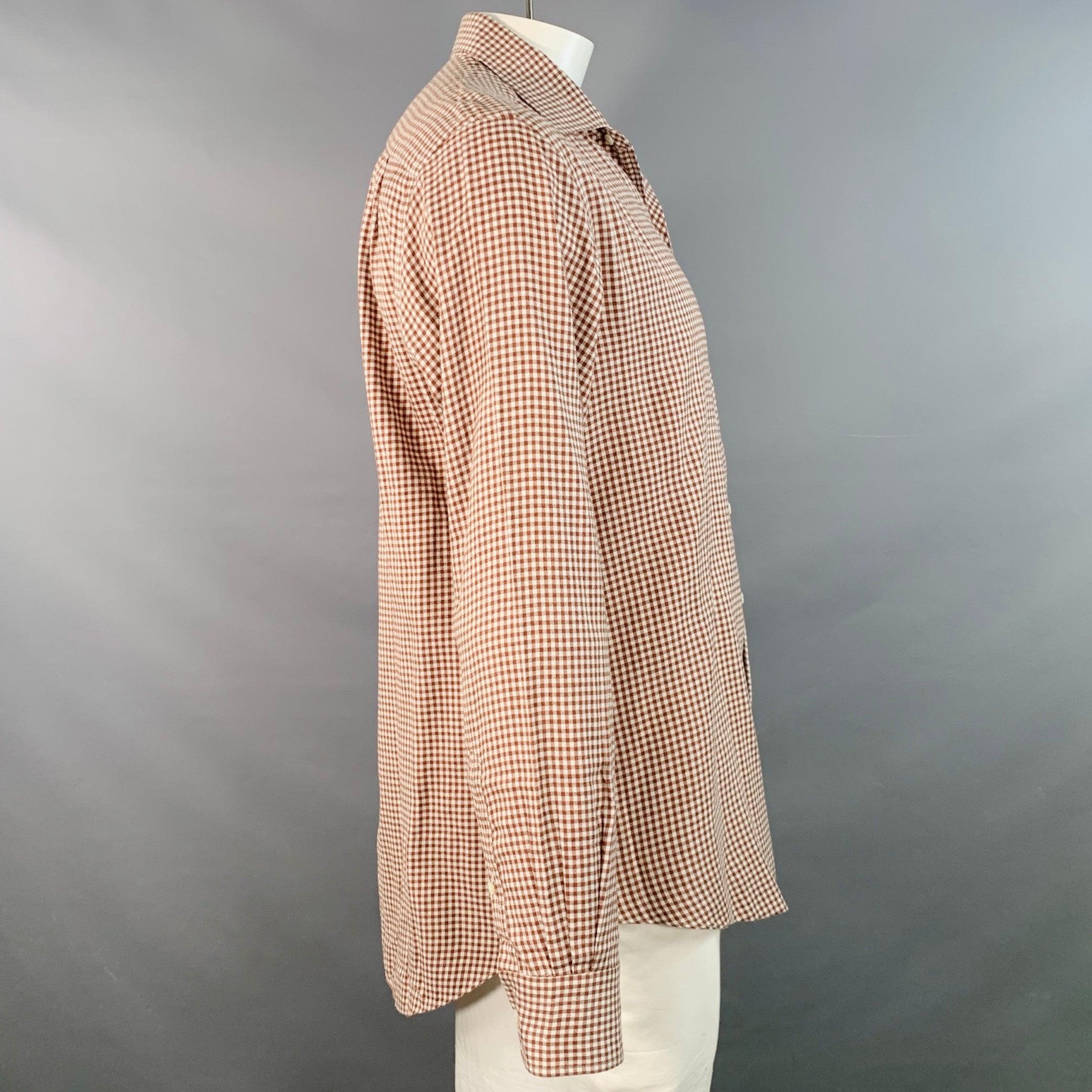 Beige LORO PIANA Taglia L Marrone Bianco Cotone Gingham Una Camicia Tasca Manica Lunga in vendita
