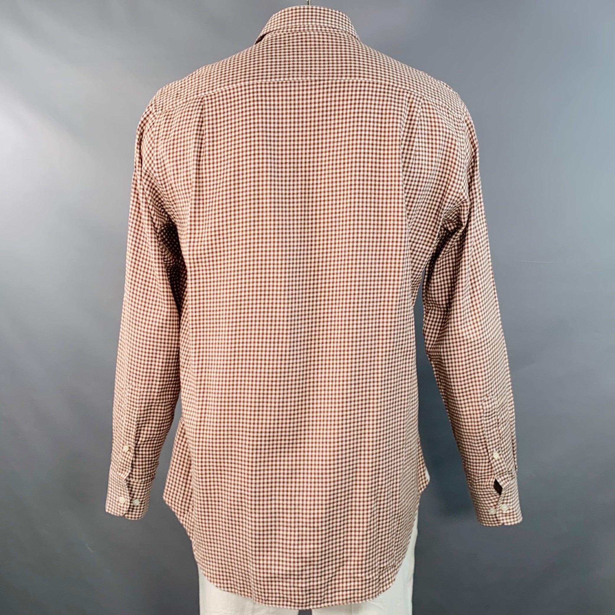 LORO PIANA Taglia L Marrone Bianco Cotone Gingham Una Camicia Tasca Manica Lunga In condizioni buone in vendita a San Francisco, CA