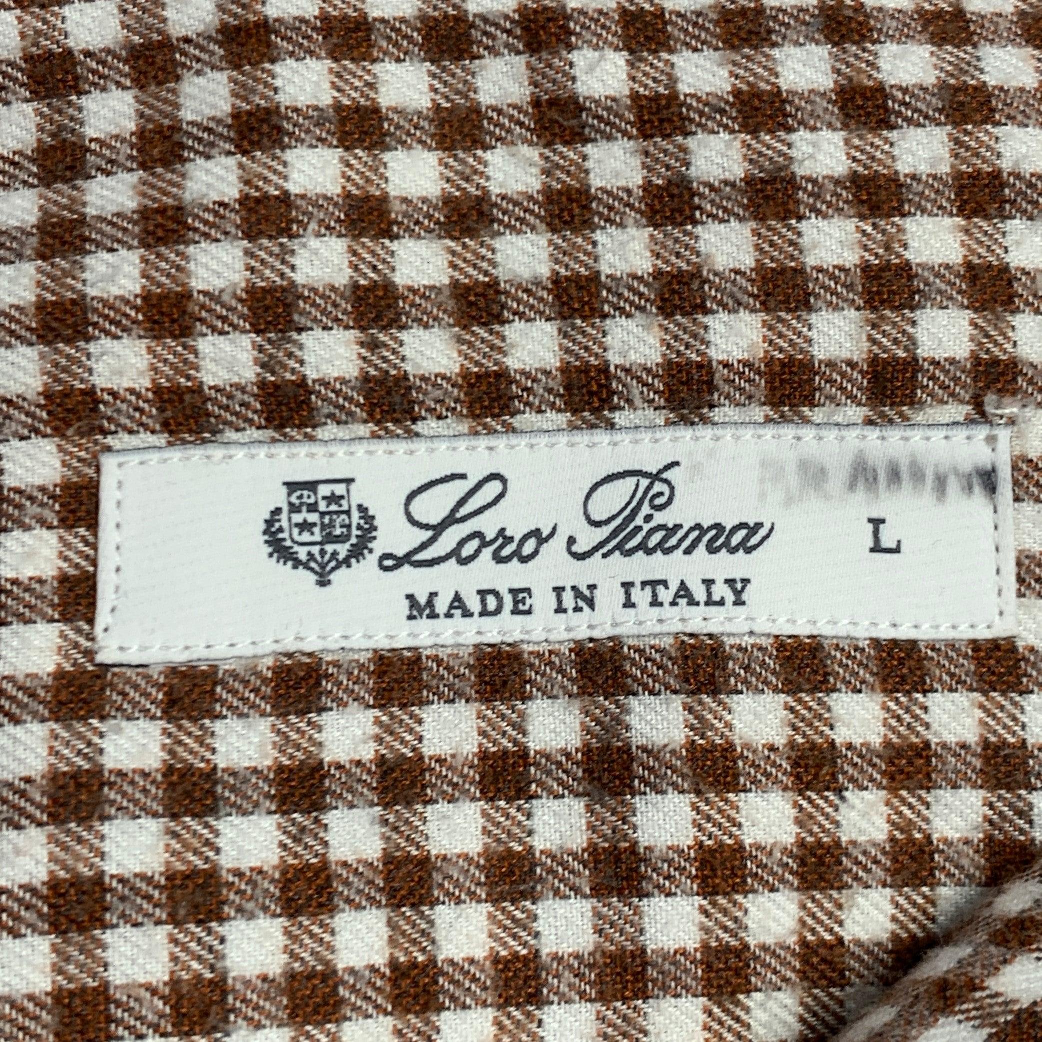 LORO PIANA Taglia L Marrone Bianco Cotone Gingham Una Camicia Tasca Manica Lunga in vendita 4