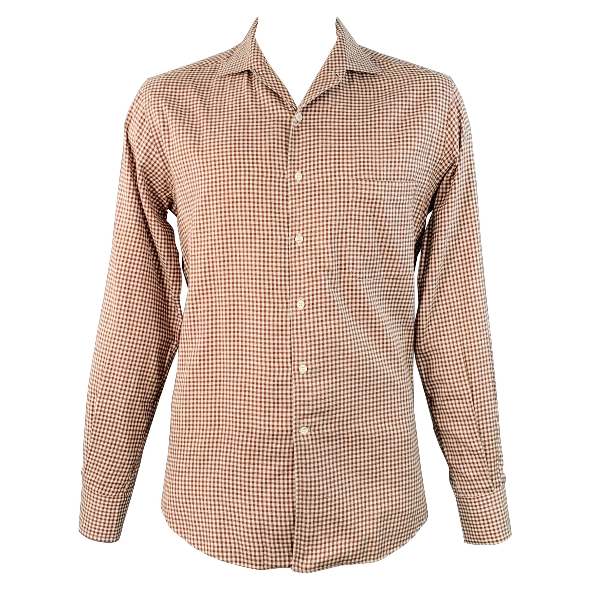 LORO PIANA Taglia L Marrone Bianco Cotone Gingham Una Camicia Tasca Manica Lunga in vendita
