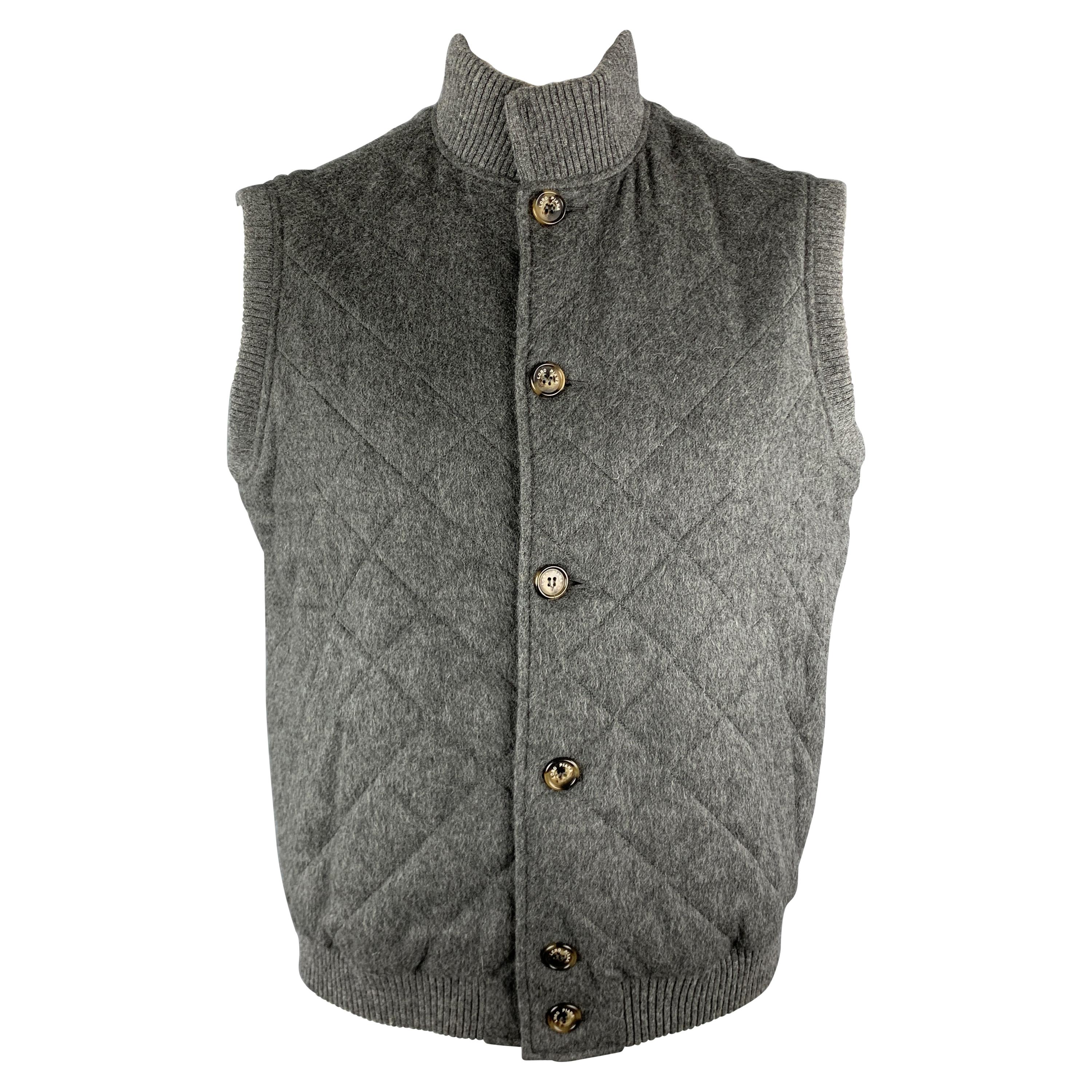 LORO PIANA Size L Dark Gray Quilted Cashmere High Collar Buttoned Vest