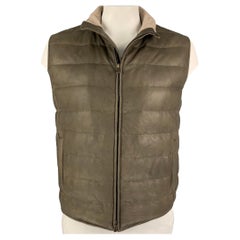 LORO PIANA Size L Olive Quilted Leather Zip Up Vest