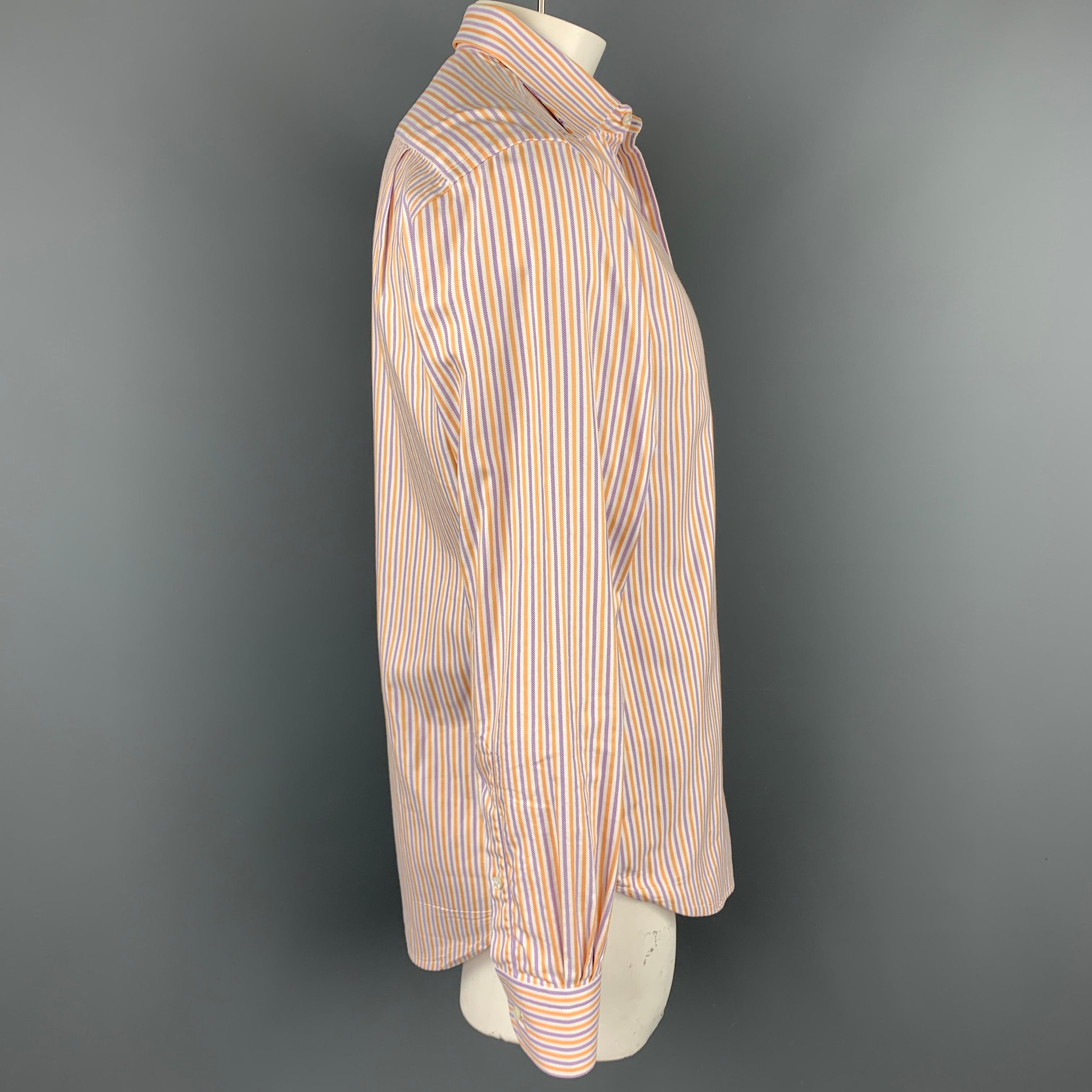 LORO PIANA long sleeve shirt comes in a purple & orange stripe cotton featuring a button up style, front patch pocket, and a spread collar. Made in Italy.

Very Good Pre-Owned Condition.
Marked: 16.5/42

Measurements:

Shoulder: 19 in.
Chest: 46