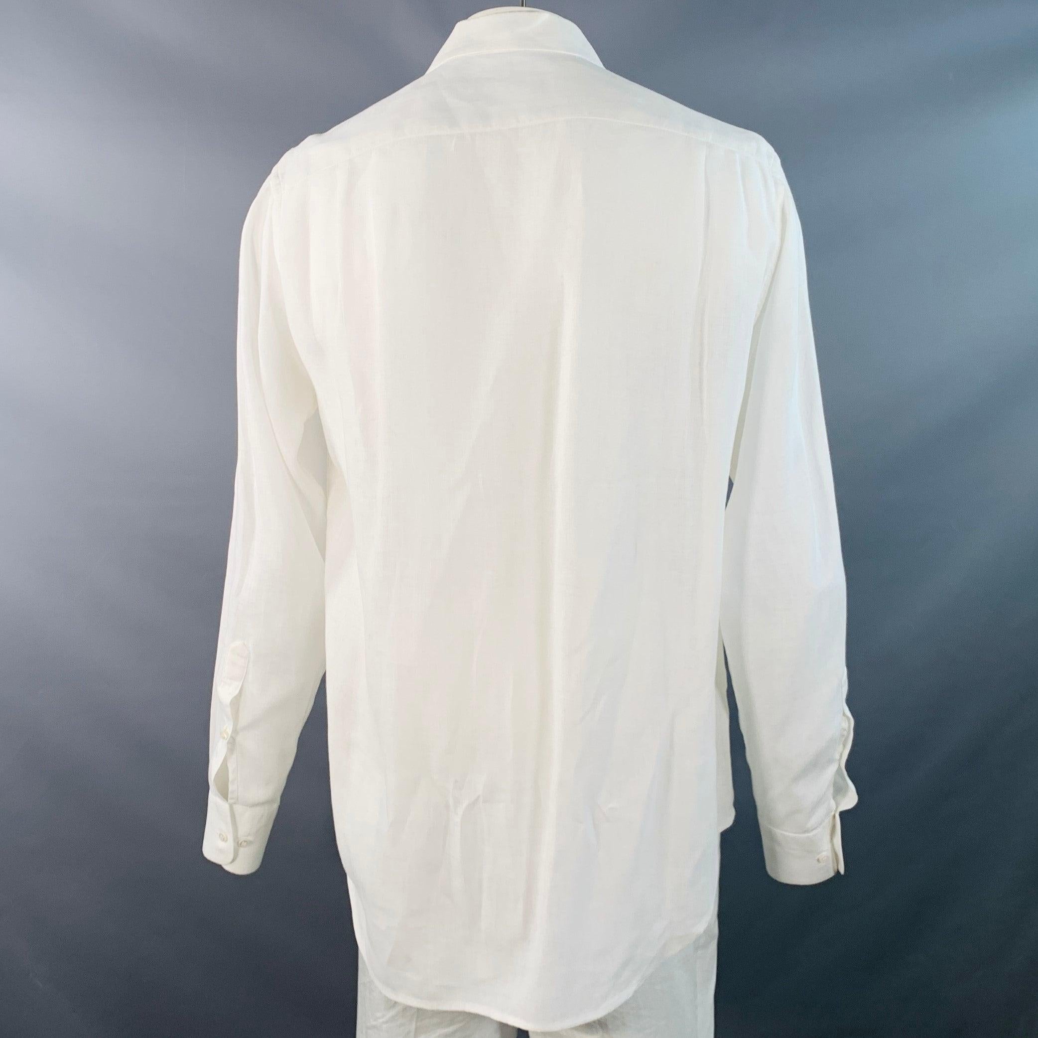 Bianco LORO PIANA Taglia L Camicia in lino bianca a un taschino a maniche lunghe in vendita