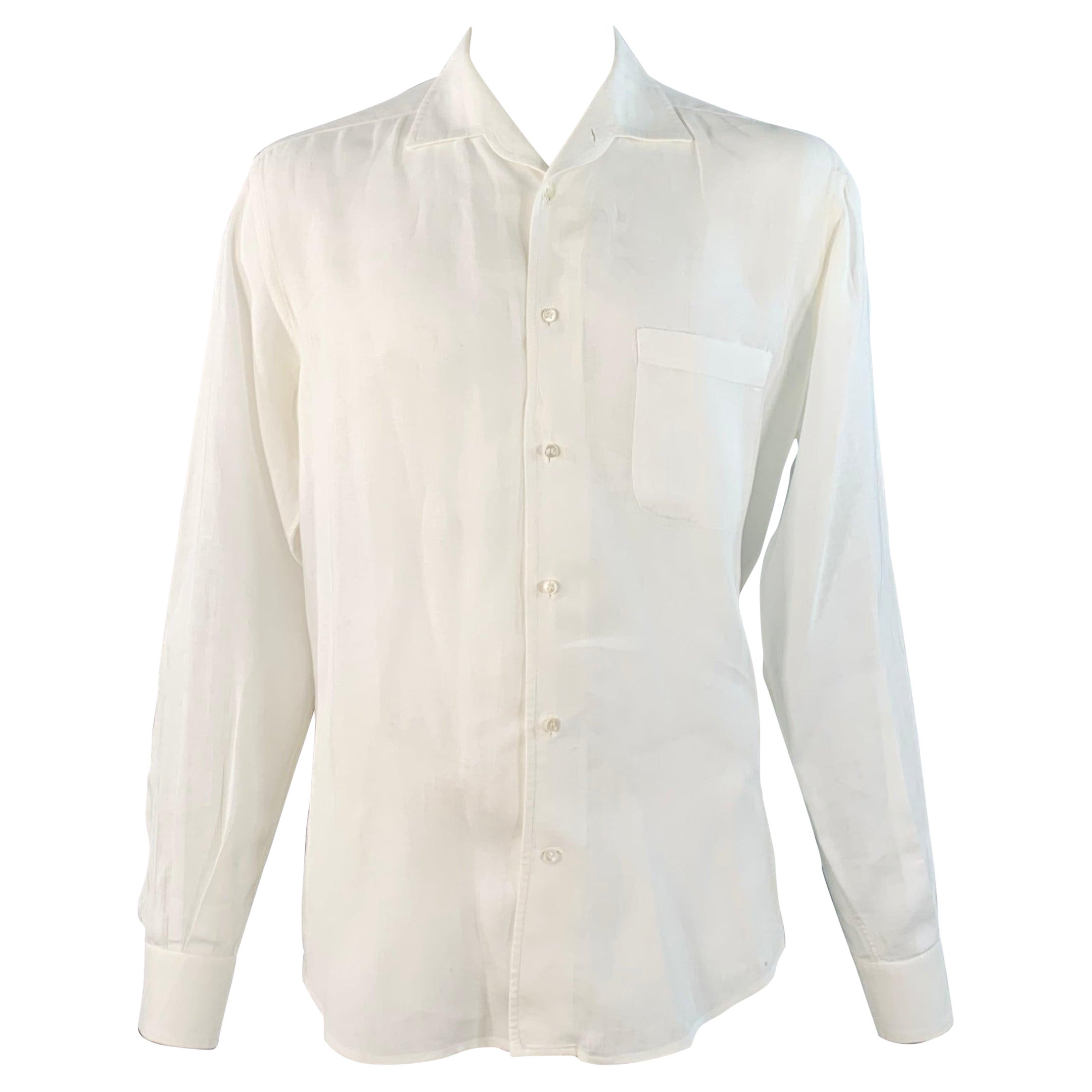 LORO PIANA Size L White Linen One Pocket Long Sleeve Shirt