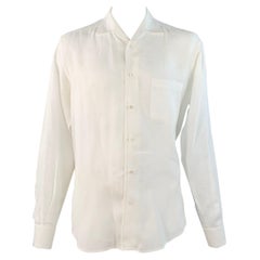 LORO PIANA Size L White Linen One Pocket Long Sleeve Shirt