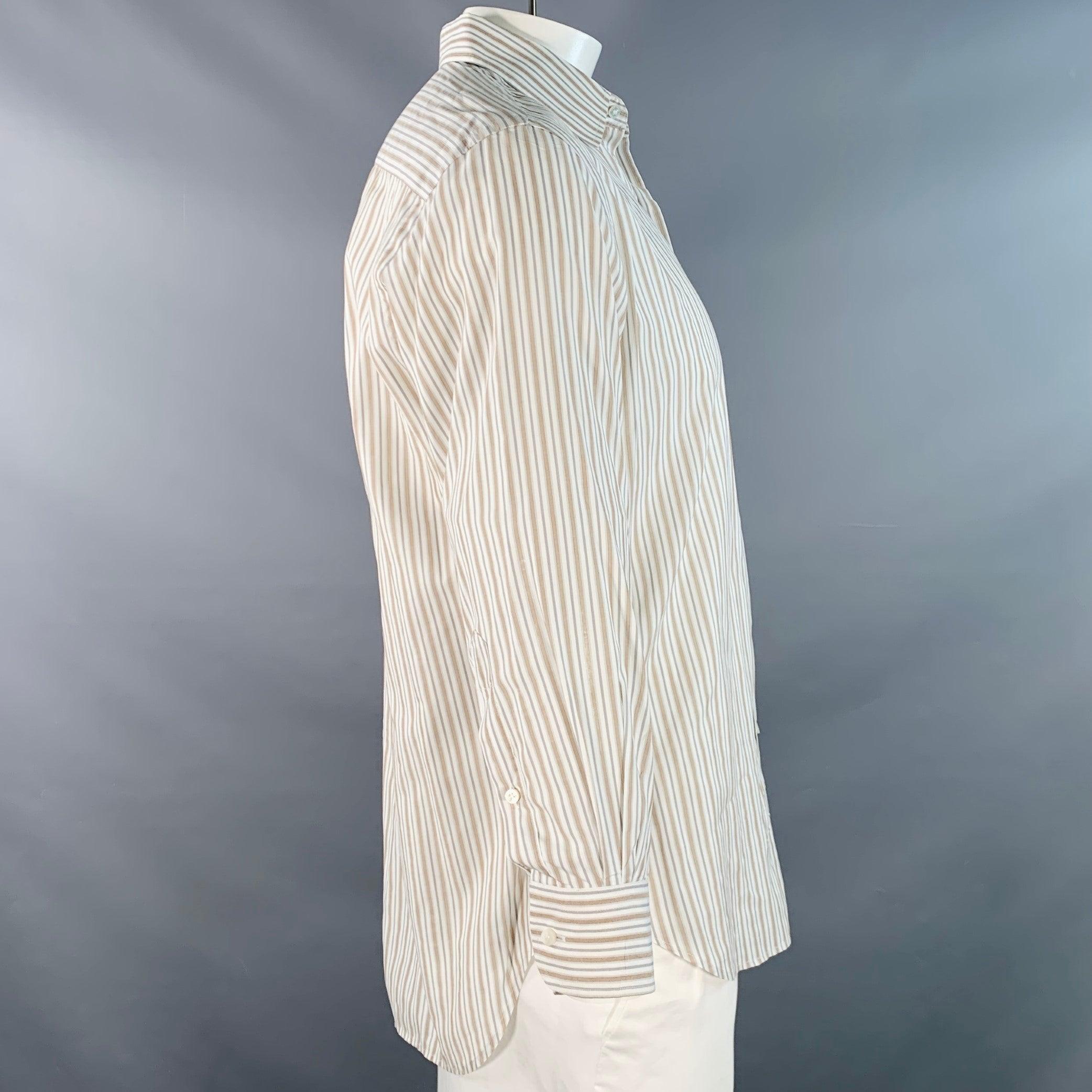 LORO PIANA Taglia L Bianco, Tan, Grigio a righe in cotone con un taschino a manica lunga In condizioni buone in vendita a San Francisco, CA