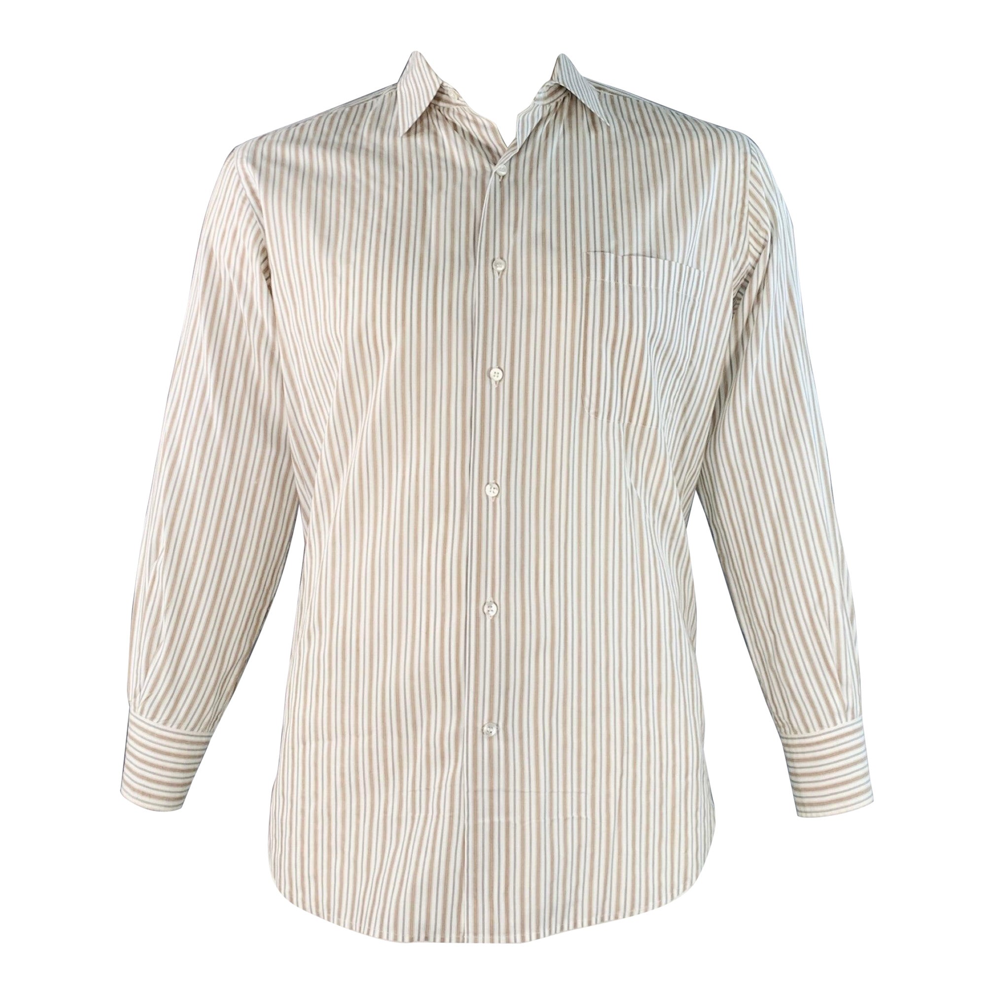 LORO PIANA Taglia L Bianco, Tan, Grigio a righe in cotone con un taschino a manica lunga in vendita