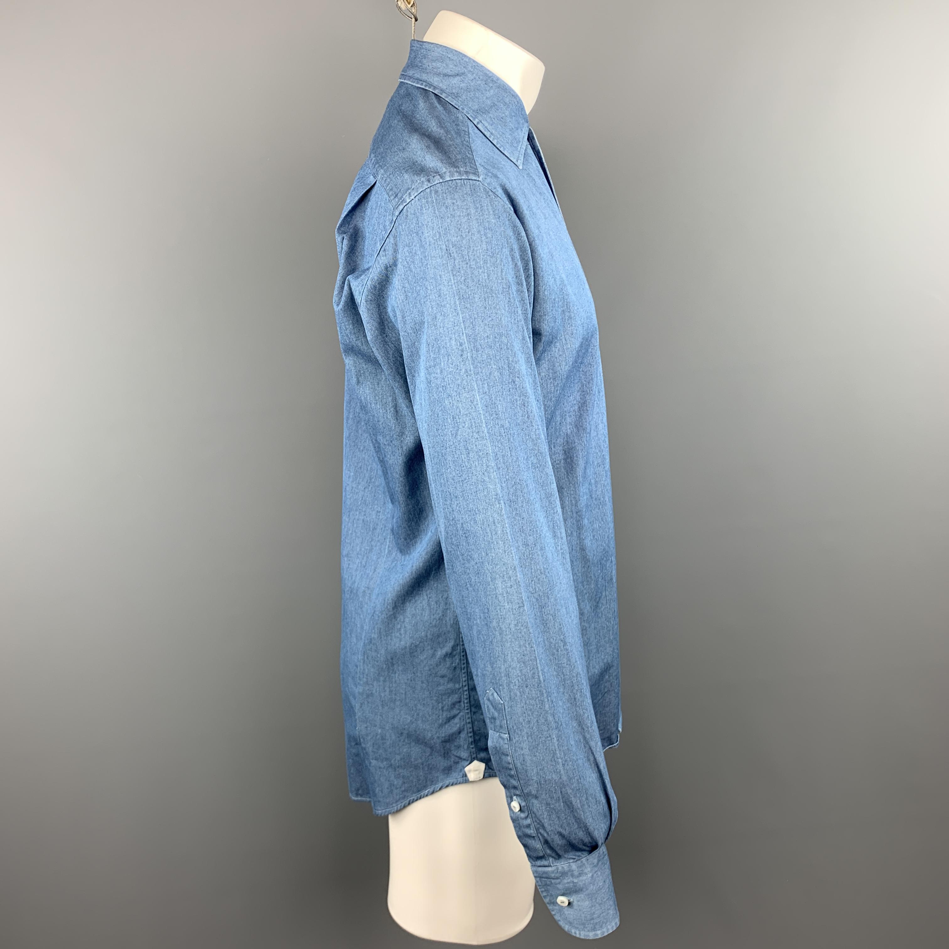 Blue LORO PIANA Size M Indigo Solid Cotton Button Up Long Sleeve Shirt