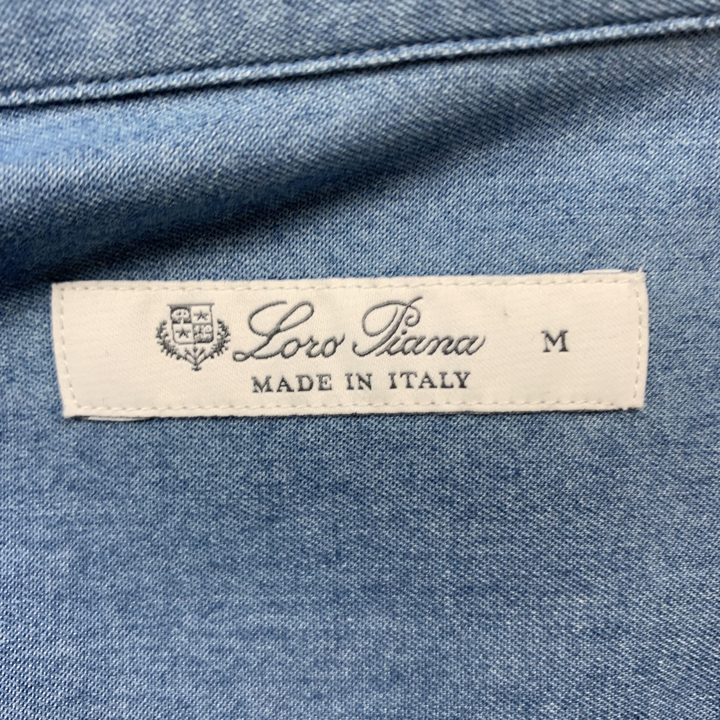 Men's LORO PIANA Size M Indigo Solid Cotton Button Up Long Sleeve Shirt