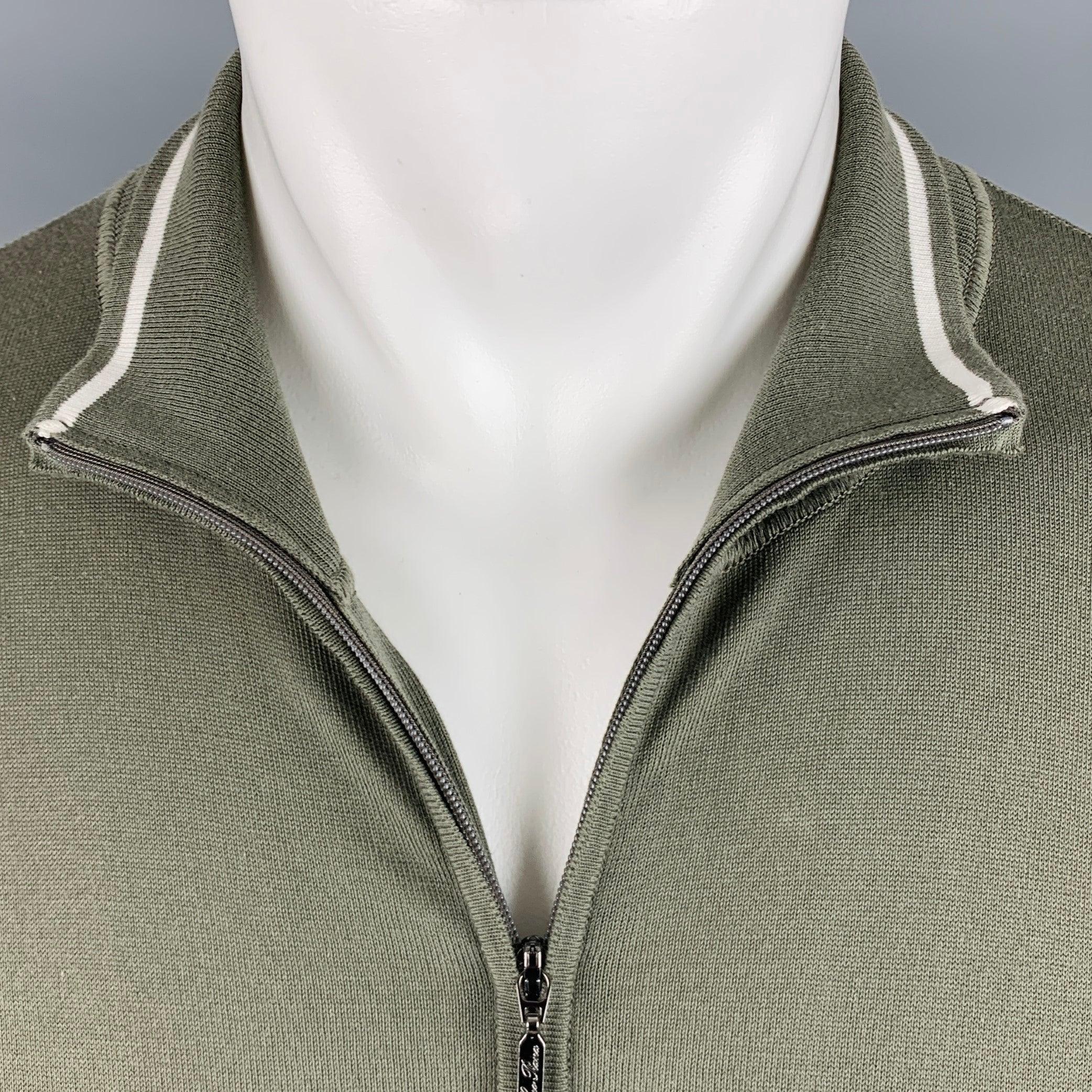 LORO PIANA jacket
in an olive green cotton knit featuring contrast white stripe on collar (when folded down) and zip up closure. Made in Italy.Very Good Pre-Owned Condition. Minor signs of wear. 

Marked:   IT 56 

Measurements: 
 
Shoulder: 16.5