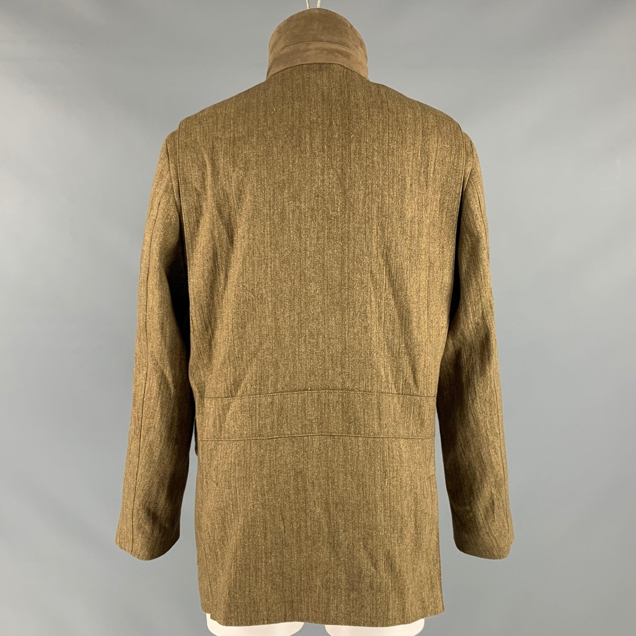 LORO PIANA Size S Brown Olive Flax Herringbone Zip Up Coat In Excellent Condition In San Francisco, CA