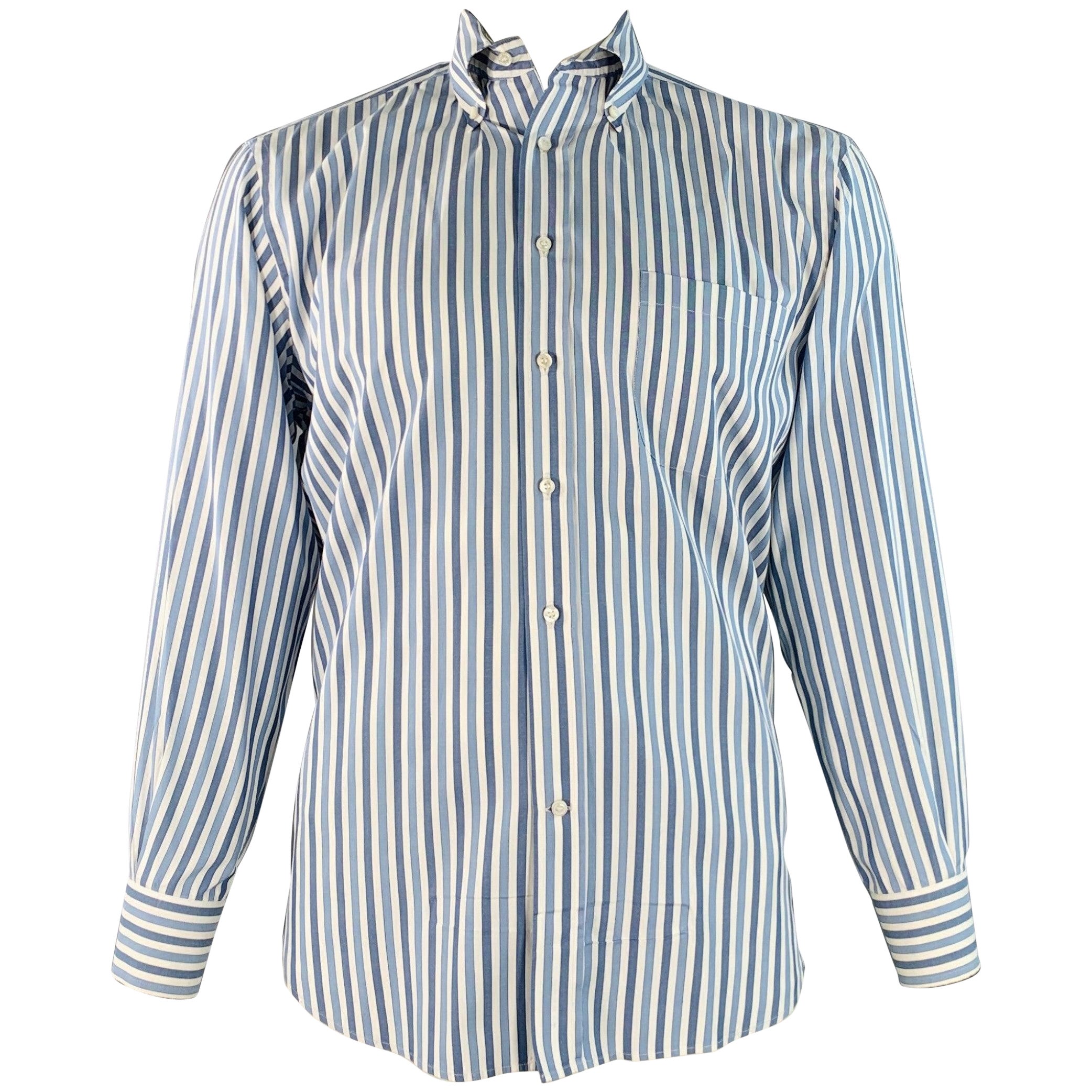 Loro Piana taglia XL Camicia a maniche lunghe in cotone a righe bianche e blu con un solo taschino