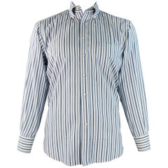 Loro Piana taglia XL Camicia a maniche lunghe in cotone a righe bianche e blu con un solo taschino