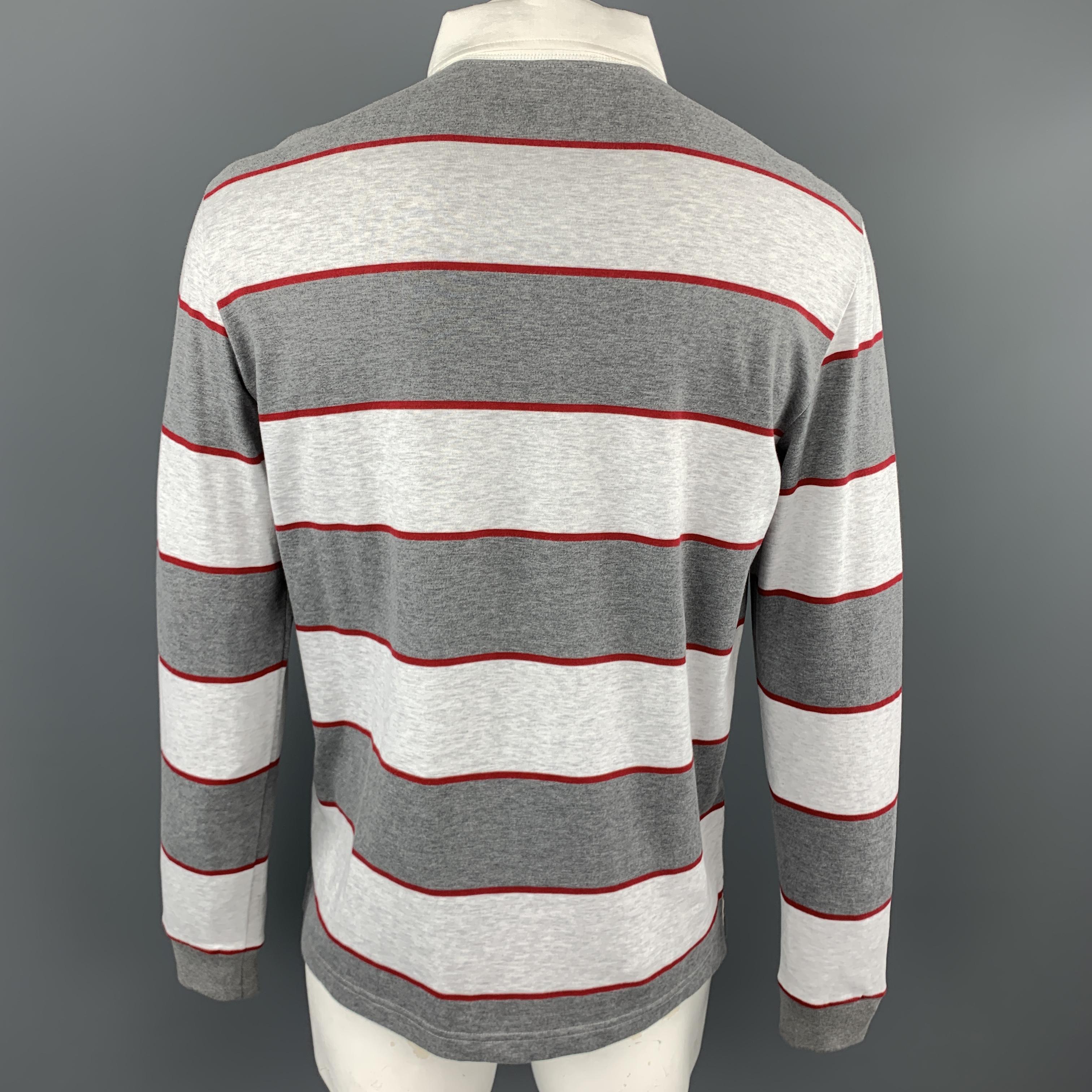 LORO PIANA Size XL Grey & Red Stripe Cotton Buttoned Long Sleeve Rugby Polo In New Condition In San Francisco, CA