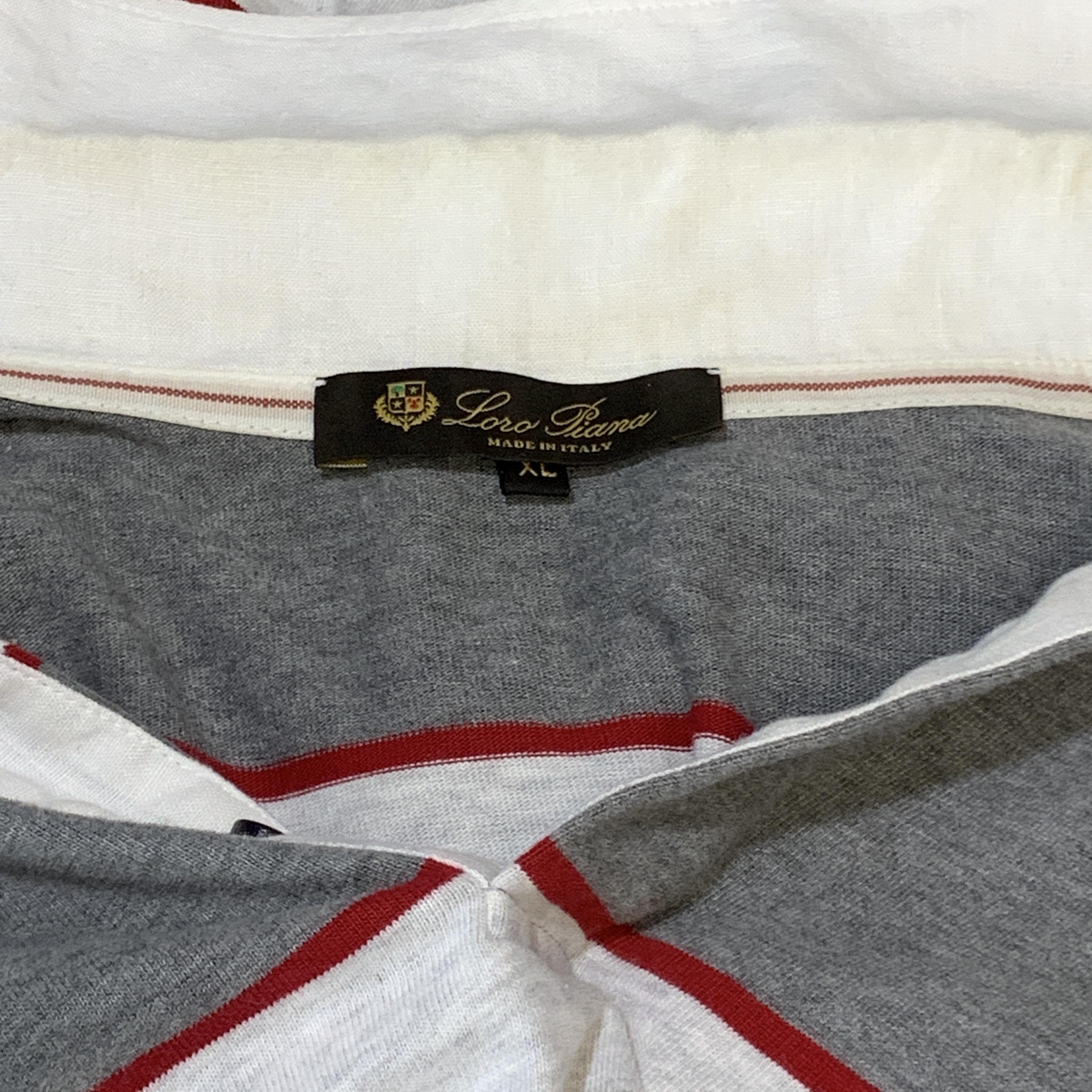 LORO PIANA Size XL Grey & Red Striped Cotton Buttoned Long Sleeve Polo In Fair Condition In San Francisco, CA
