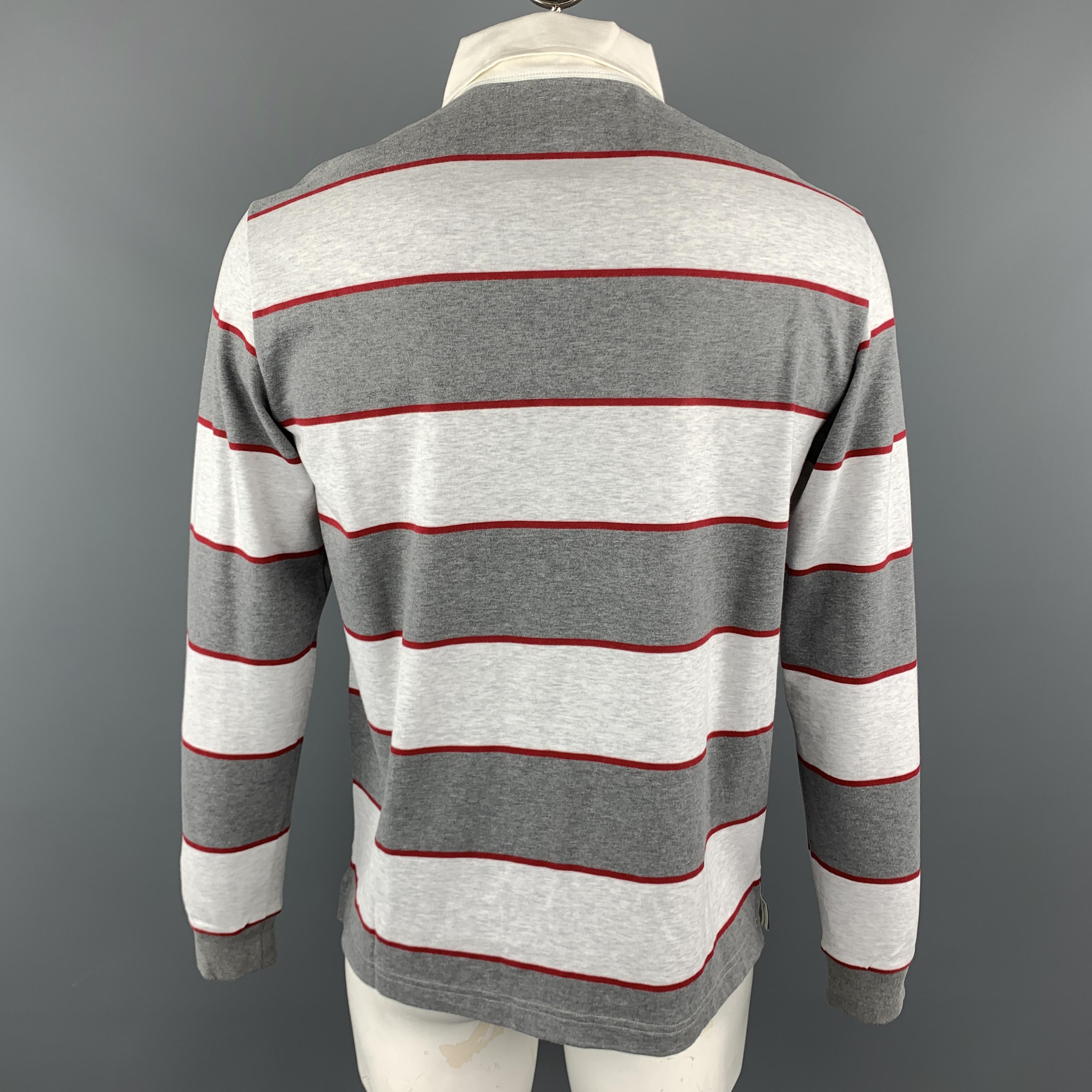 Gray LORO PIANA Size XL Grey Stripe Cotton Half Buttoned Long Sleeve POLO