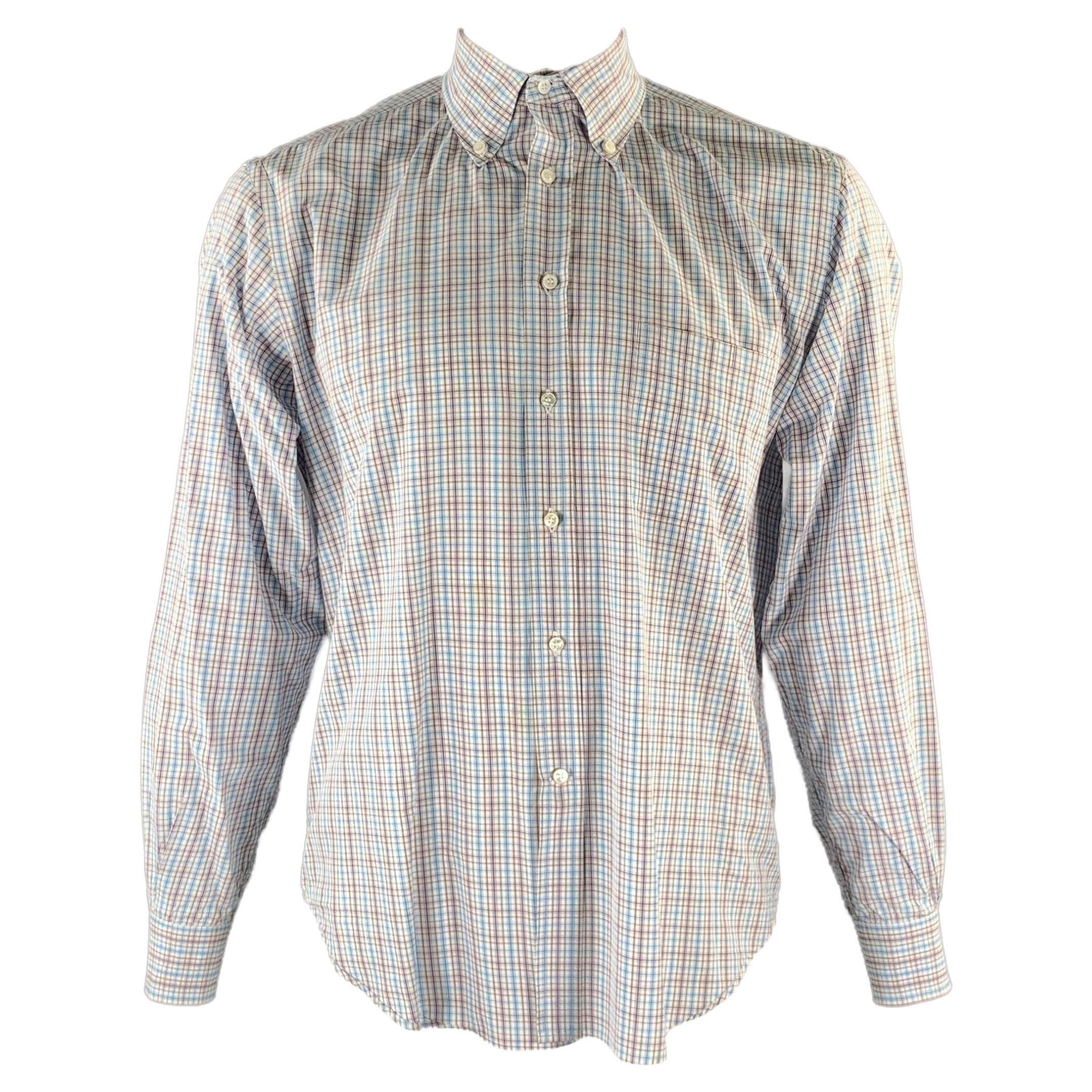 LORO PIANA Size XL White Purple Blue Plaid Cotton Long Sleeve Shirt