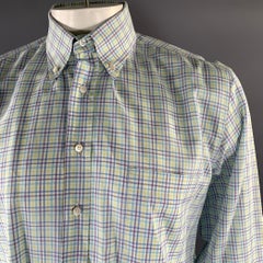 LORO PIANA Size XL White Purple Green Blue Plaid Long Sleeve Shirt