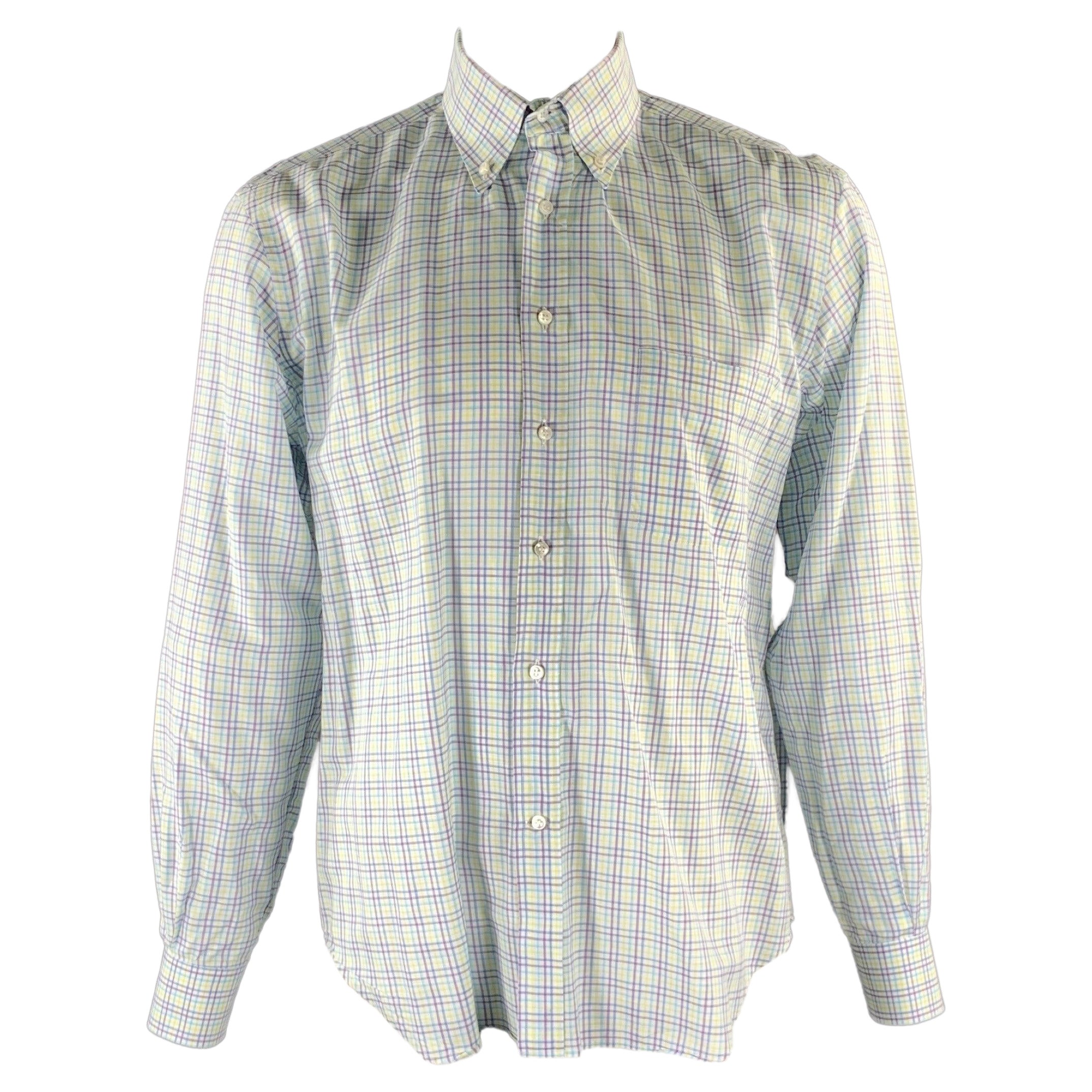 LORO PIANA Size XL White Purple Green Blue Plaid Long Sleeve Shirt