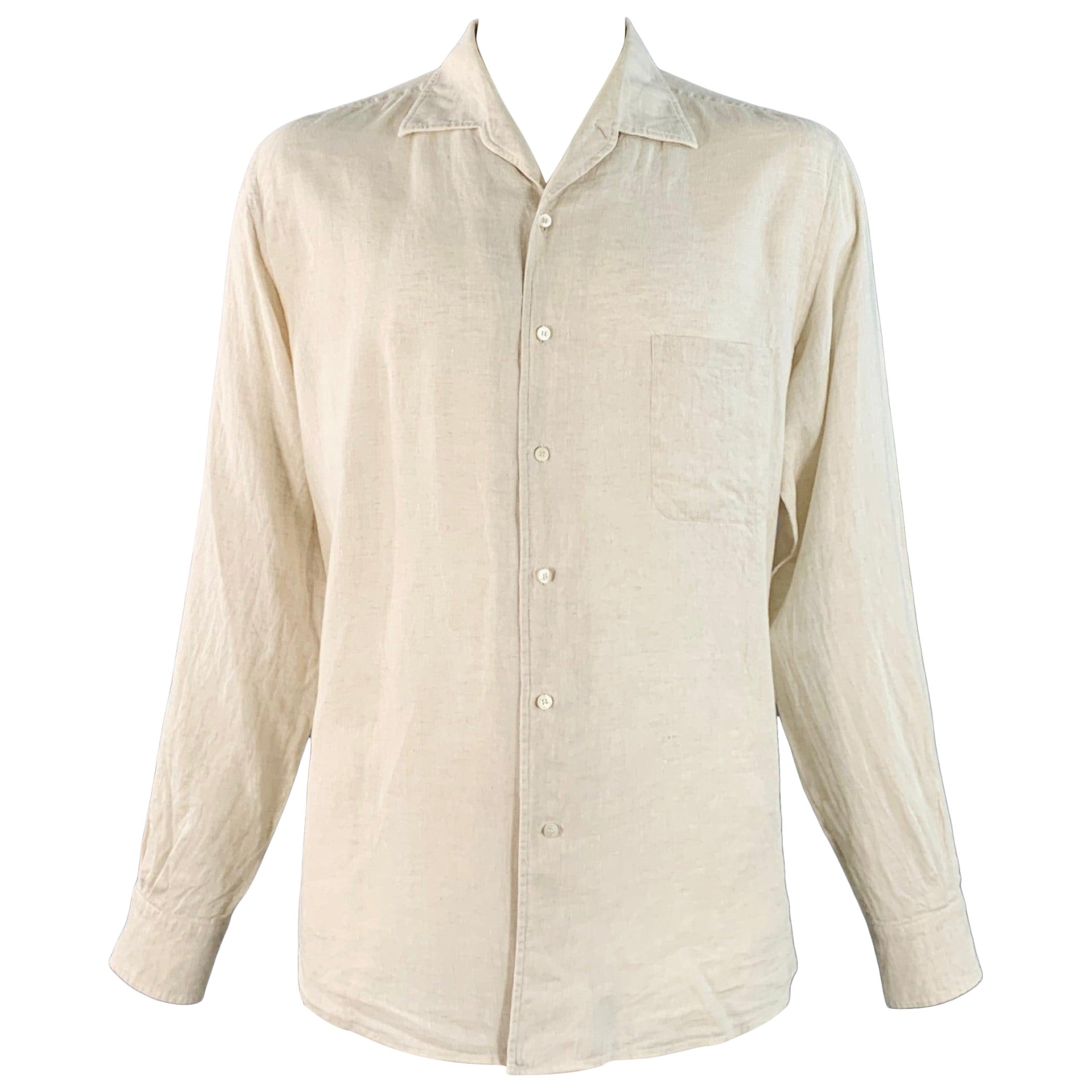 LORO PIANA Taglia XXL Camicia a maniche lunghe in lino beige dal taglio rilassato e monotasche