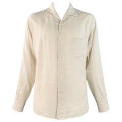 LORO PIANA Size XXL Beige Linen Relaxed Fit One Pocket Long Sleeve Shirt