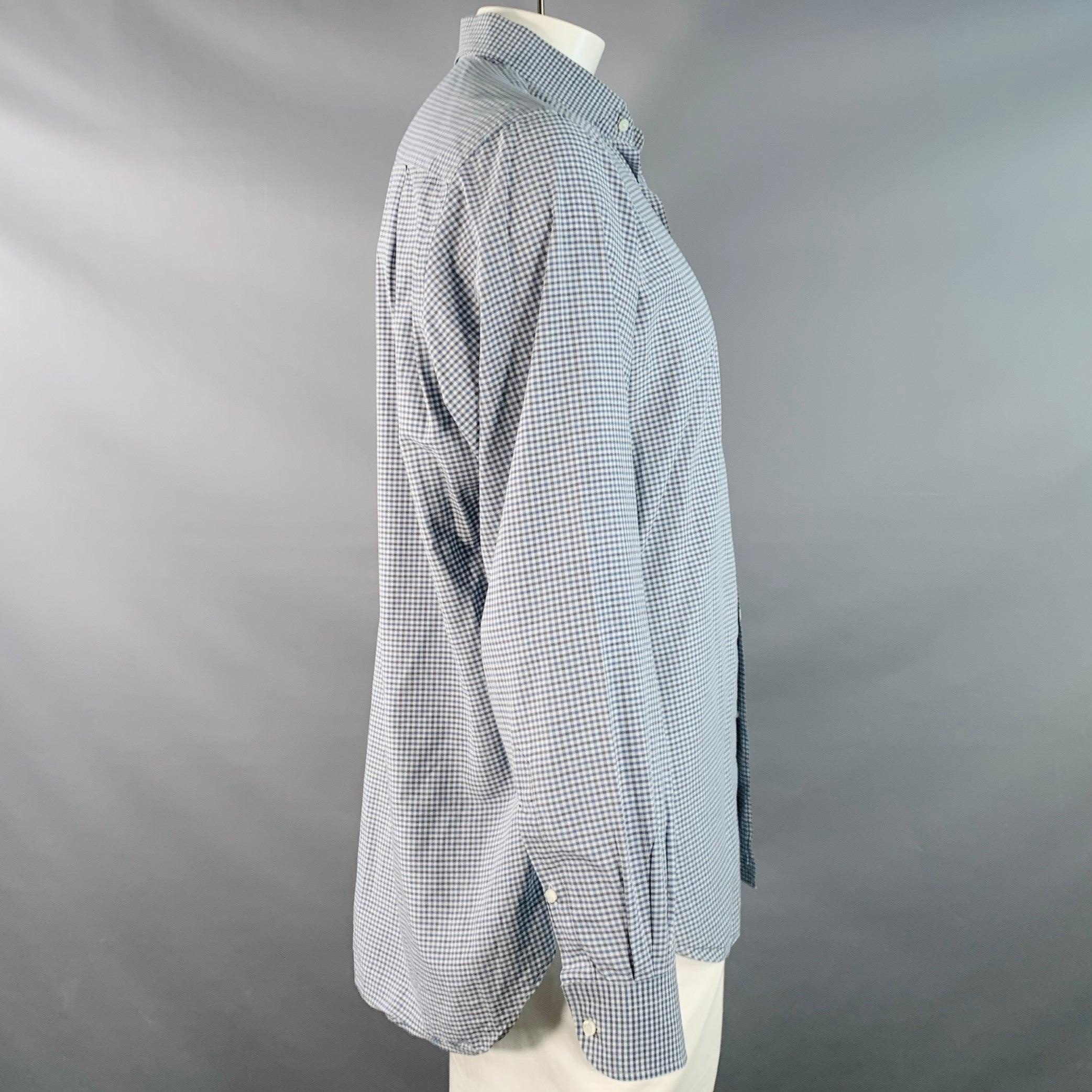 LORO PIANA Talla XXL Azul marino Negro Blanco Algodón Guinga Un Bolsillo Camisa Manga Larga Gris en venta