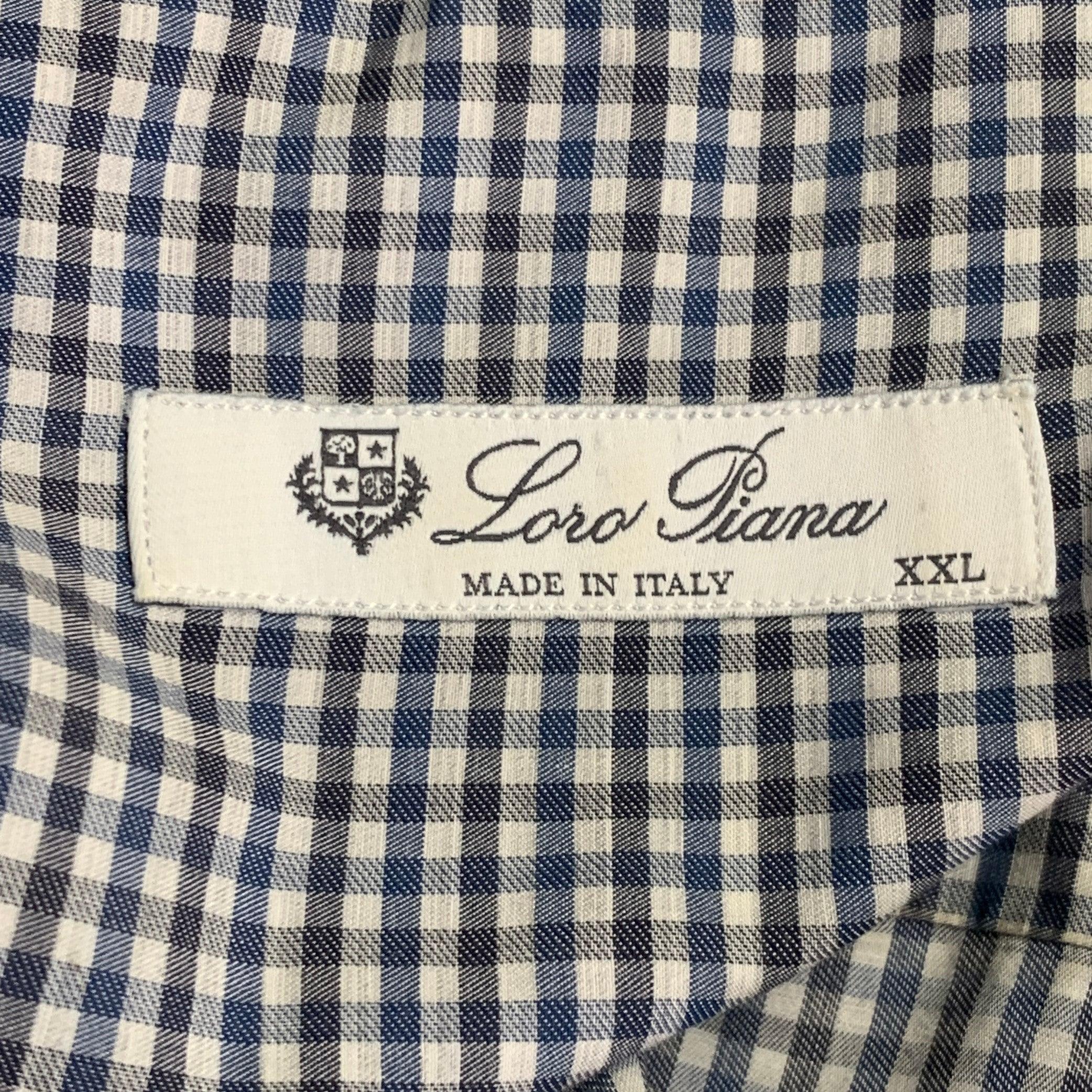 De los hombres LORO PIANA Talla XXL Azul marino Negro Blanco Algodón Guinga Un Bolsillo Camisa Manga Larga en venta