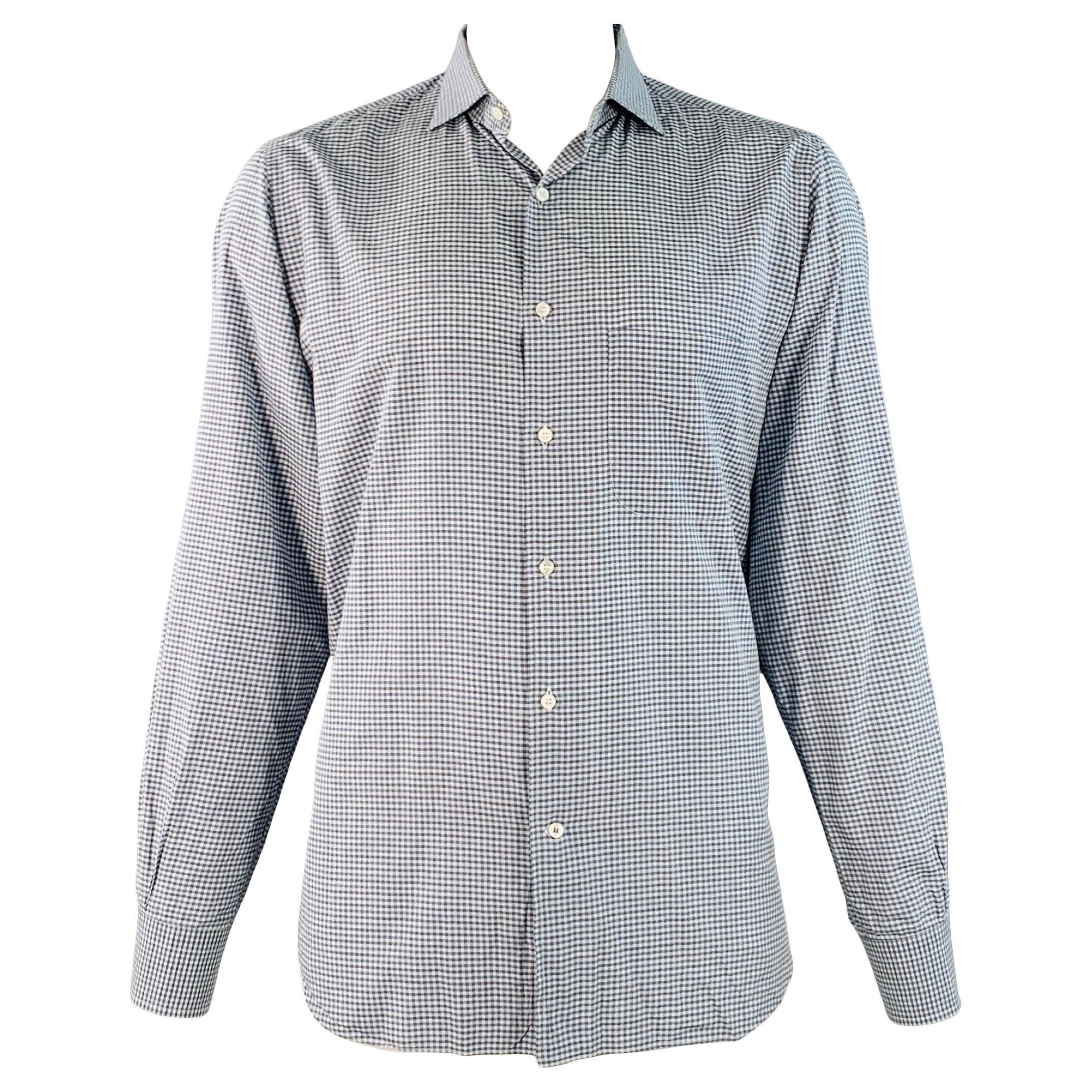 LORO PIANA Size XXL Navy Black White Gingham Cotton One Pocket Long Sleeve Shirt (Chemise à manches longues à une poche)