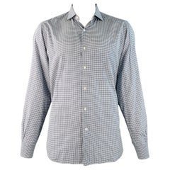 LORO PIANA Size XXL Navy Black White Gingham Cotton One Pocket Long Sleeve Shirt