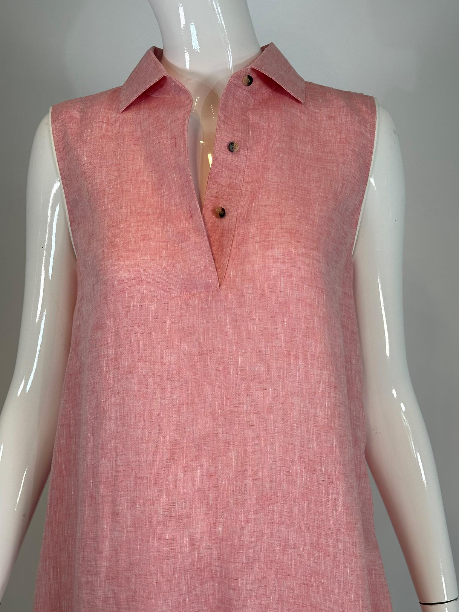 Loro Piana Sleeveless Pink Linen Chambray Button Placket Tent Dress W/ Pockets For Sale 5