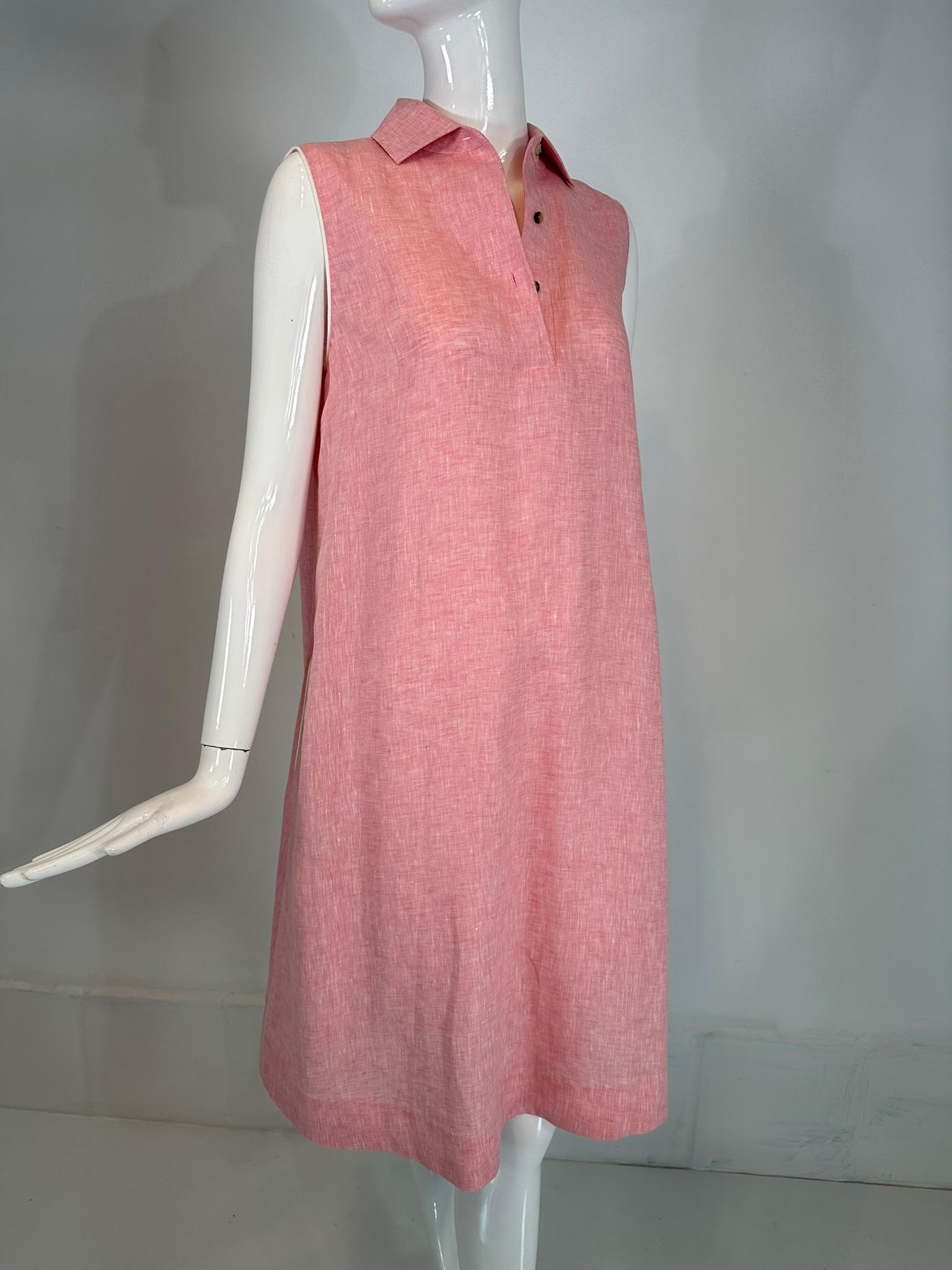 Loro Piana sleeveless pink linen chambray button placket A line 
