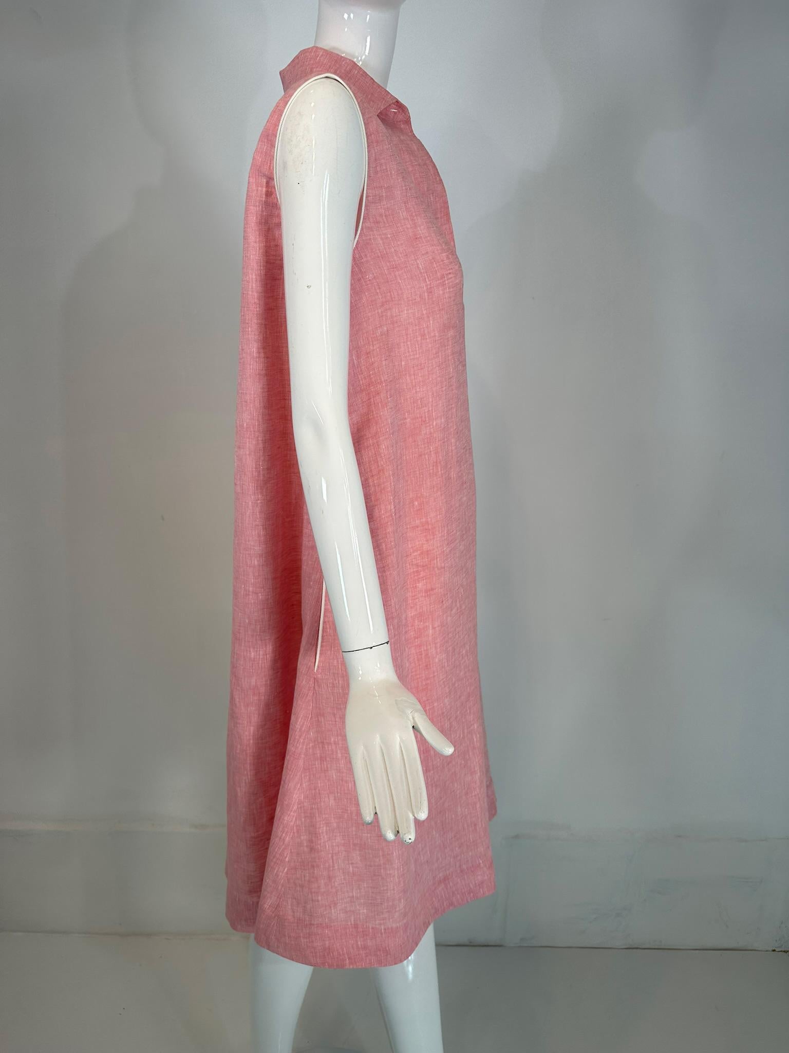 Brown Loro Piana Sleeveless Pink Linen Chambray Button Placket Tent Dress W/ Pockets For Sale