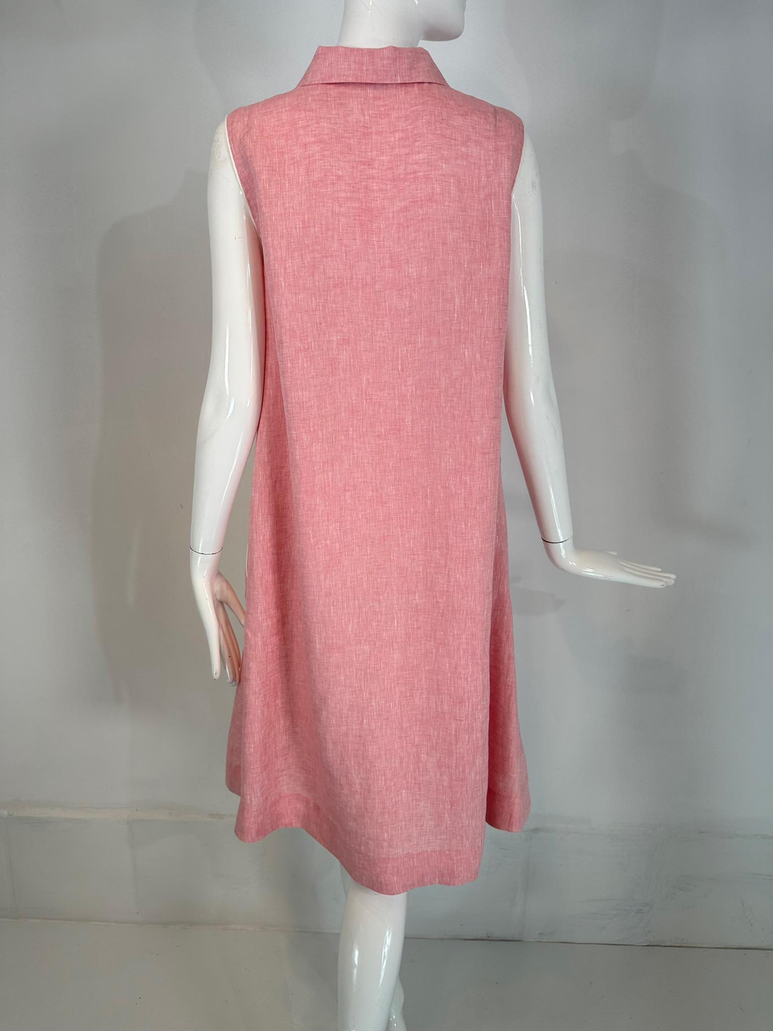 Women's Loro Piana Sleeveless Pink Linen Chambray Button Placket Tent Dress W/ Pockets For Sale