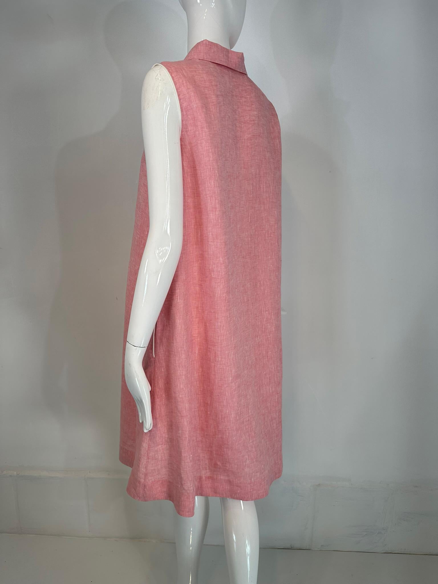 Loro Piana Sleeveless Pink Linen Chambray Button Placket Tent Dress W/ Pockets For Sale 1