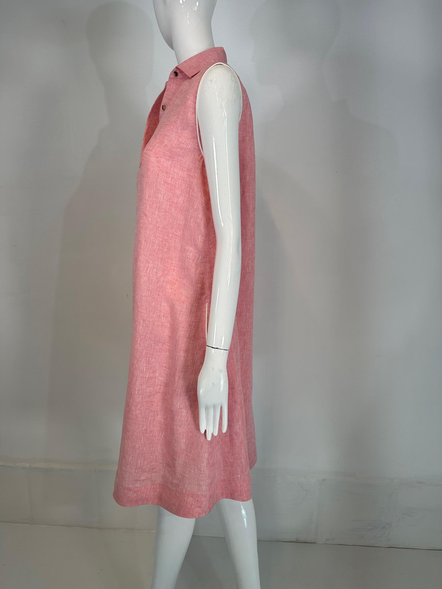 Loro Piana Sleeveless Pink Linen Chambray Button Placket Tent Dress W/ Pockets For Sale 2