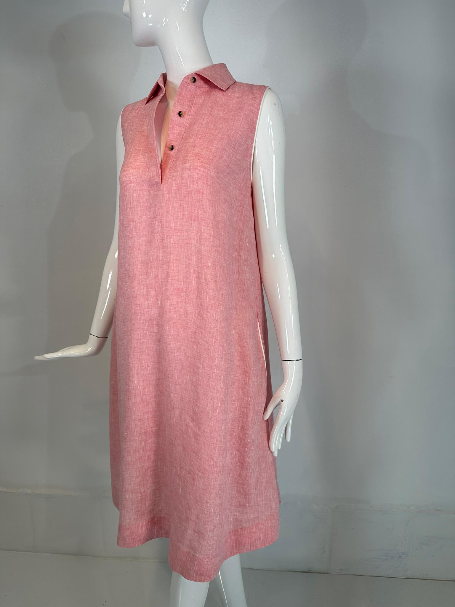 Loro Piana Sleeveless Pink Linen Chambray Button Placket Tent Dress W/ Pockets For Sale 3