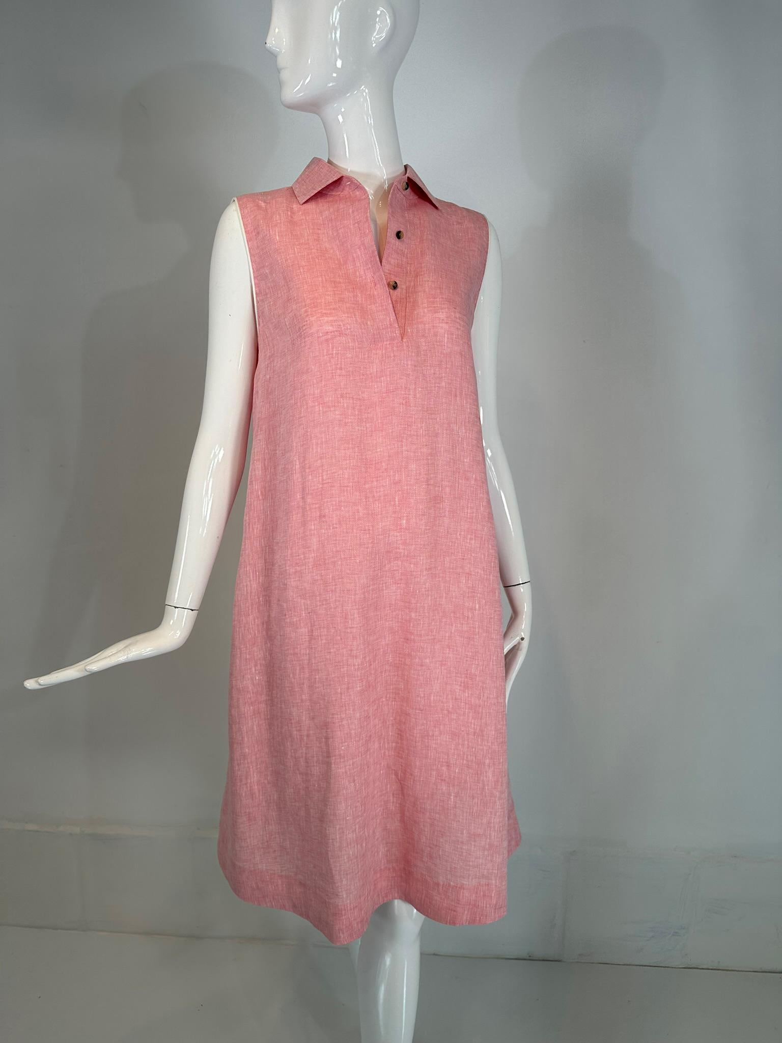 Loro Piana Sleeveless Pink Linen Chambray Button Placket Tent Dress W/ Pockets For Sale 4