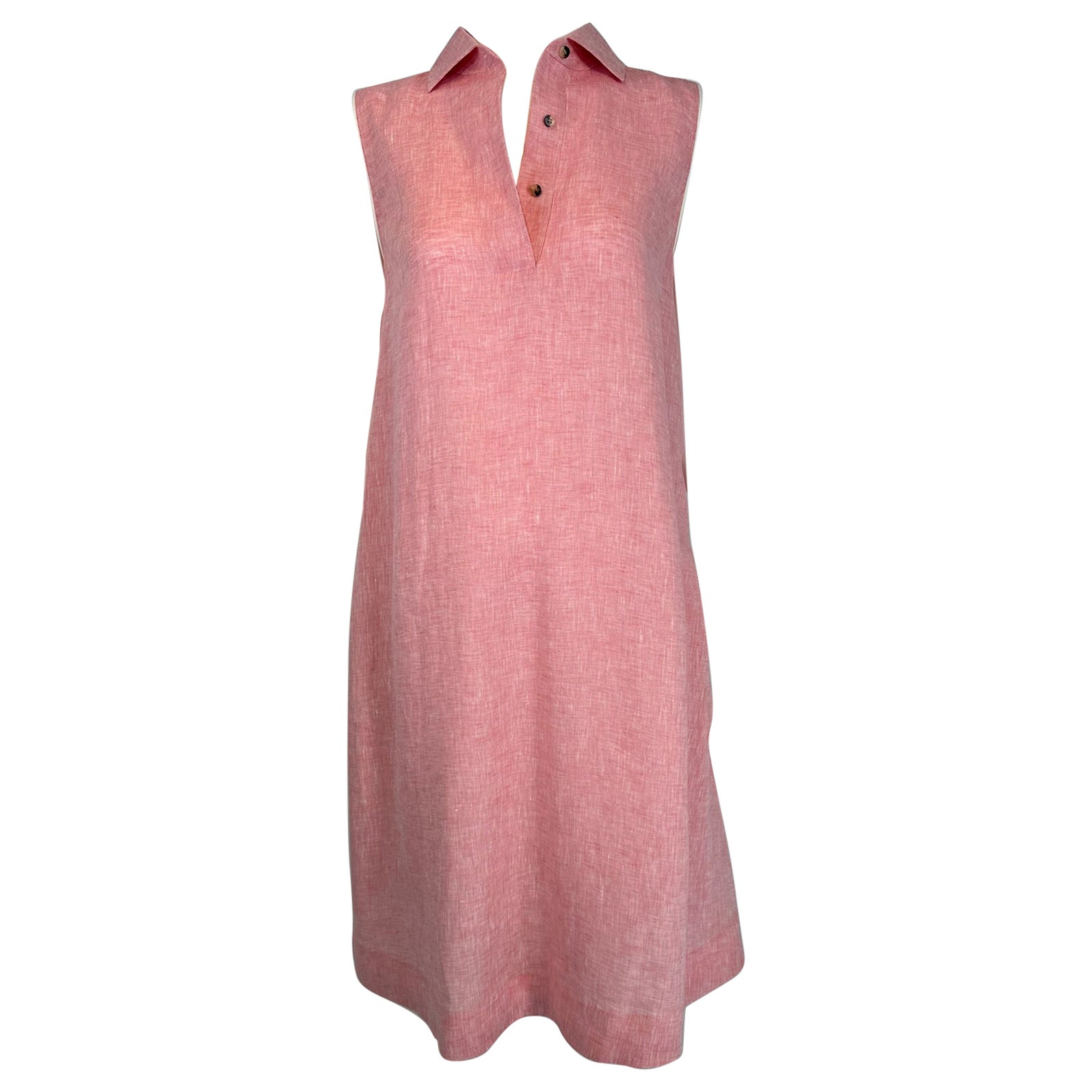 Loro Piana Sleeveless Pink Linen Chambray Button Placket Tent Dress W/ Pockets For Sale