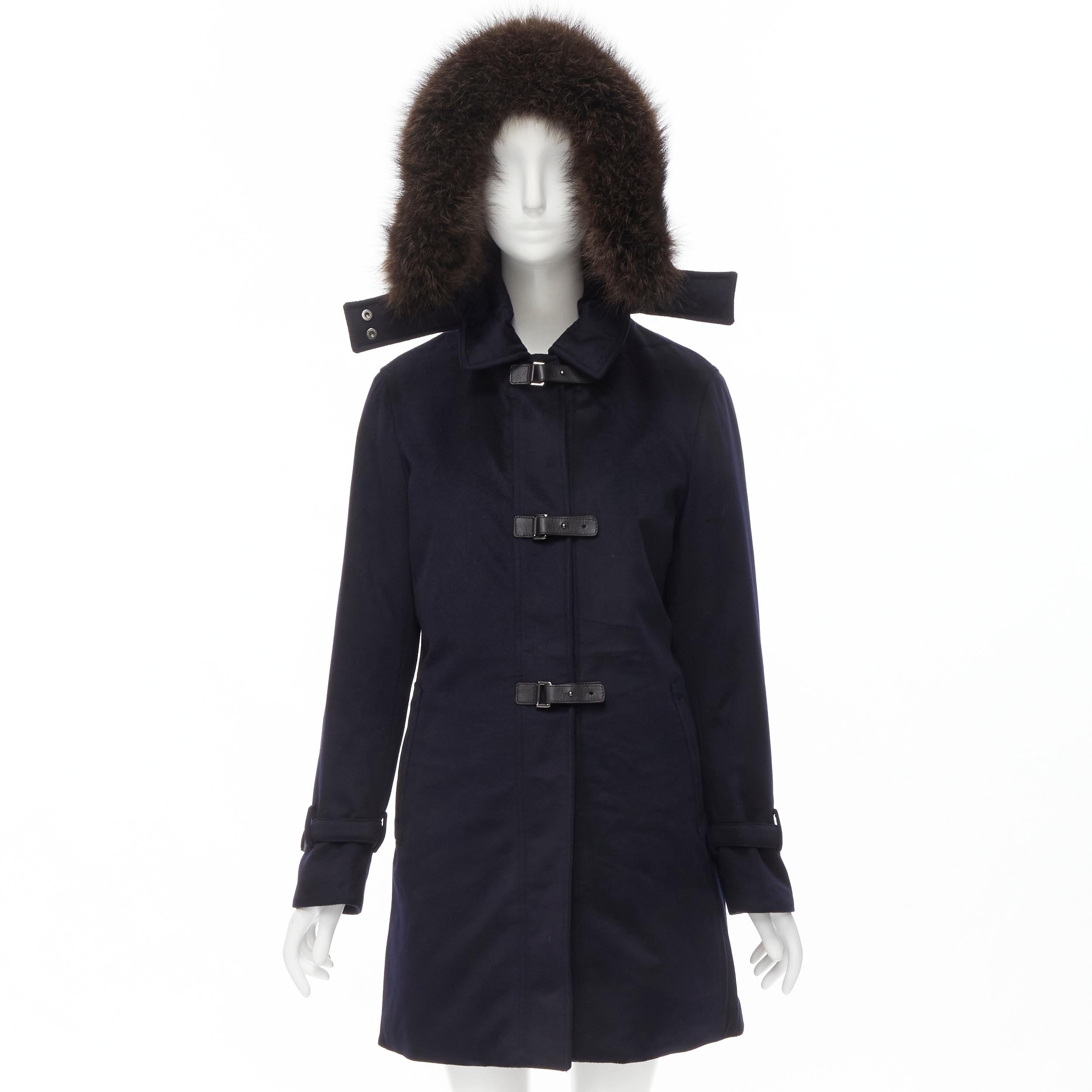 LORO PIANA Storm System 100% cashmere down padded fox fur hood coat IT42 M Reference: TGAS/B01827 
Brand: Loro Piana 
Collection: Storm System 
Material: Cashmere 
Color: Navy 
Pattern: Solid 
Closure: Zip 
Extra Detail: Storm System. 100% cashmere.